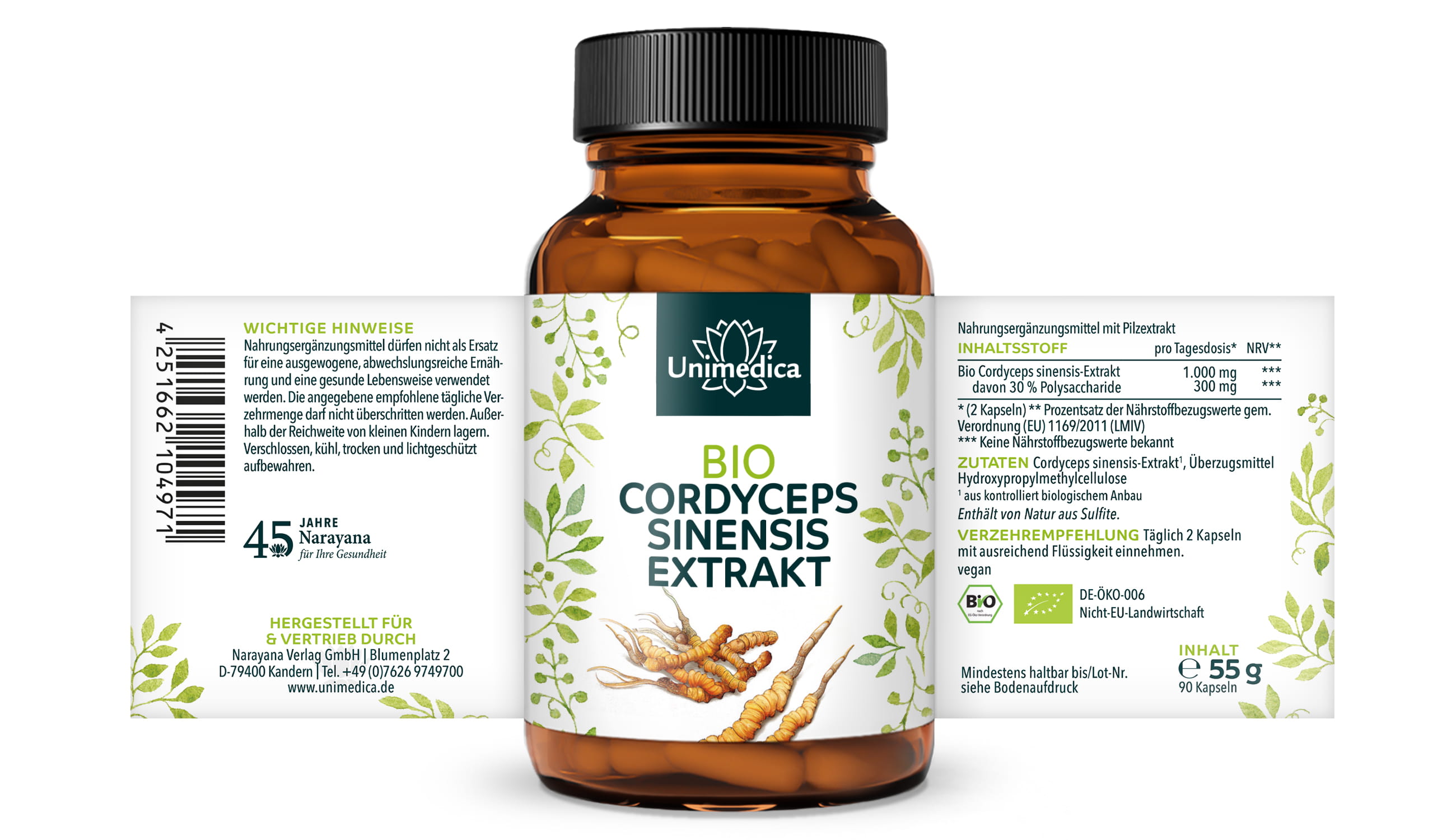 Bio Cordyceps - 1000 mg pro Tagesdosis (2 Kapseln) - mit 30 % Polysacchariden - hochdosiert - 90 Kapseln - von Unimedica