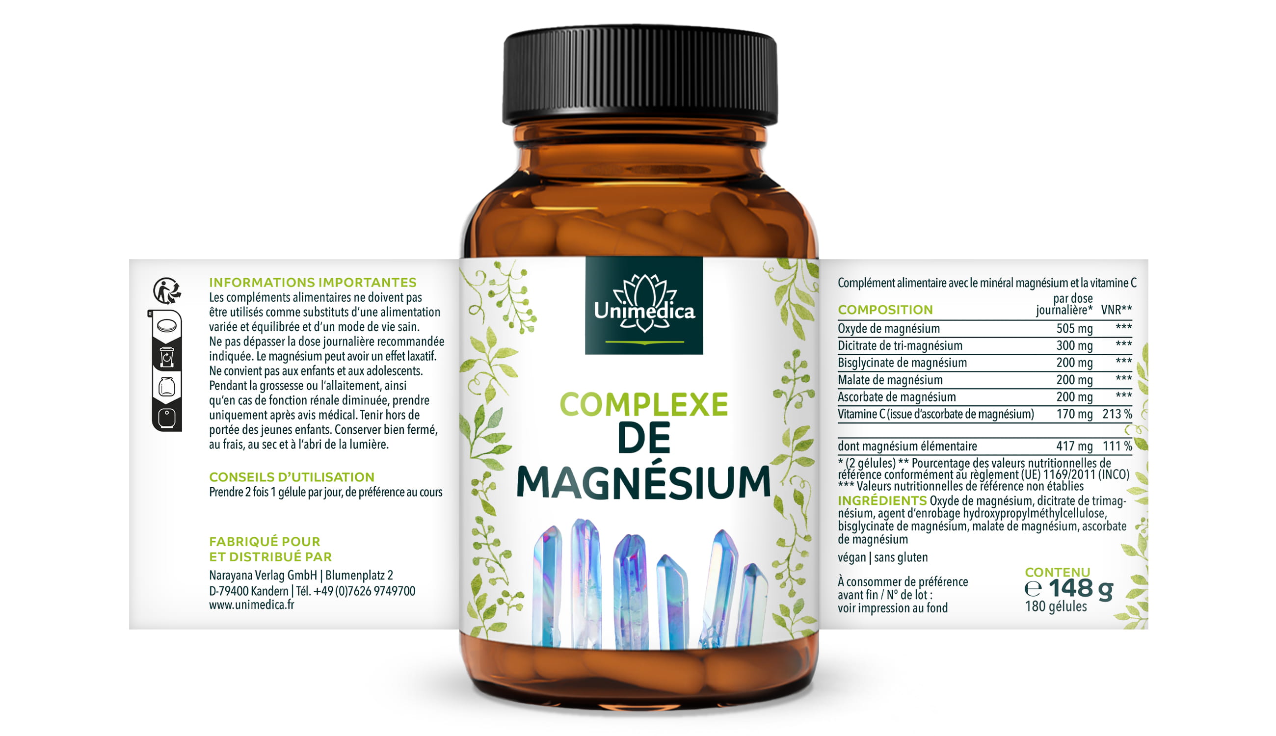 Complexe de magnésium - 417 mg de magnésium élémentaire par dose journalière - 180 gélules - Unimedica