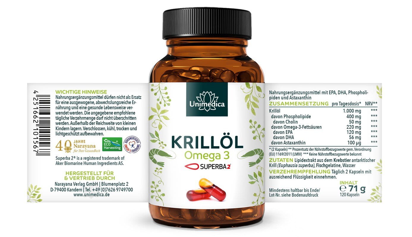 Krillöl SUPERBA 2™ - reich an Omega-3-Fettsäuren EPA + DHA - 1.000 mg Krillöl pro Tagesdosis (2 Kapseln) - 120 Hartgelkapseln (Licaps®) - von Unimedica - Topangebot