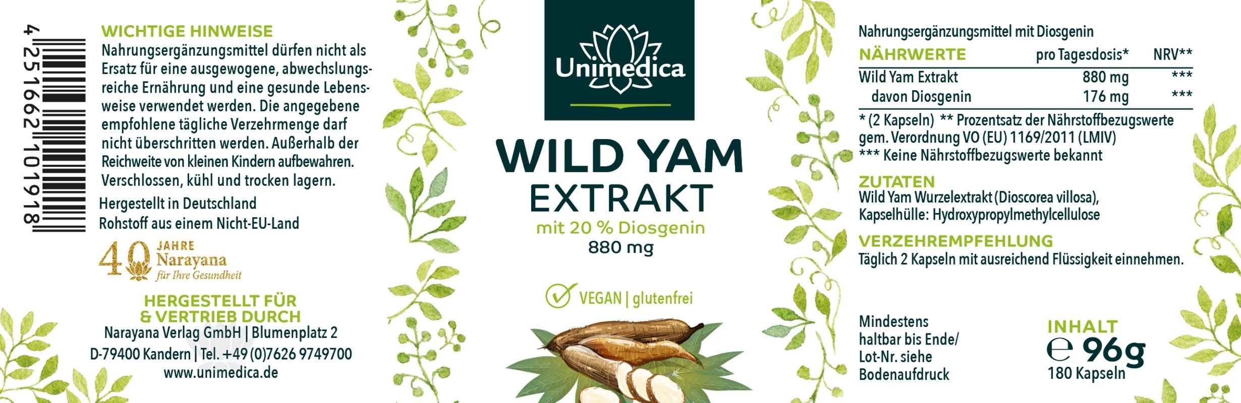 Lot de 2: Extrait de Wild Yam  - 880 mg par dose journalière (2 gélules) - avec 20 % de diosgénine - 2 x 180 gélules - Unimedica