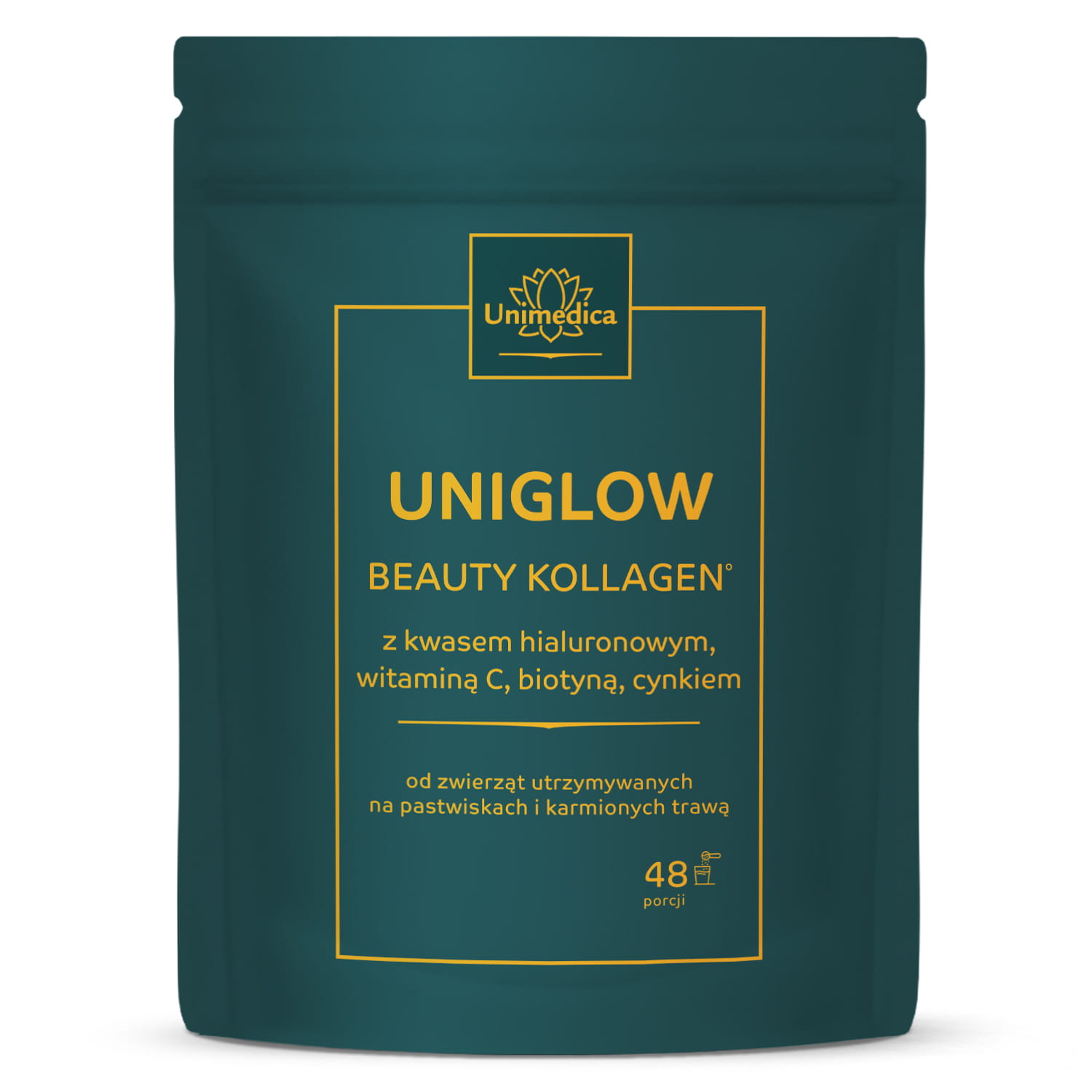 Uniglow Beauty kolagen - kompleks z kolagenu pochodzącego od zwierząt karmionych trawą + witamina C, biotyna i cynk - 500 g proszku - od Unimedica