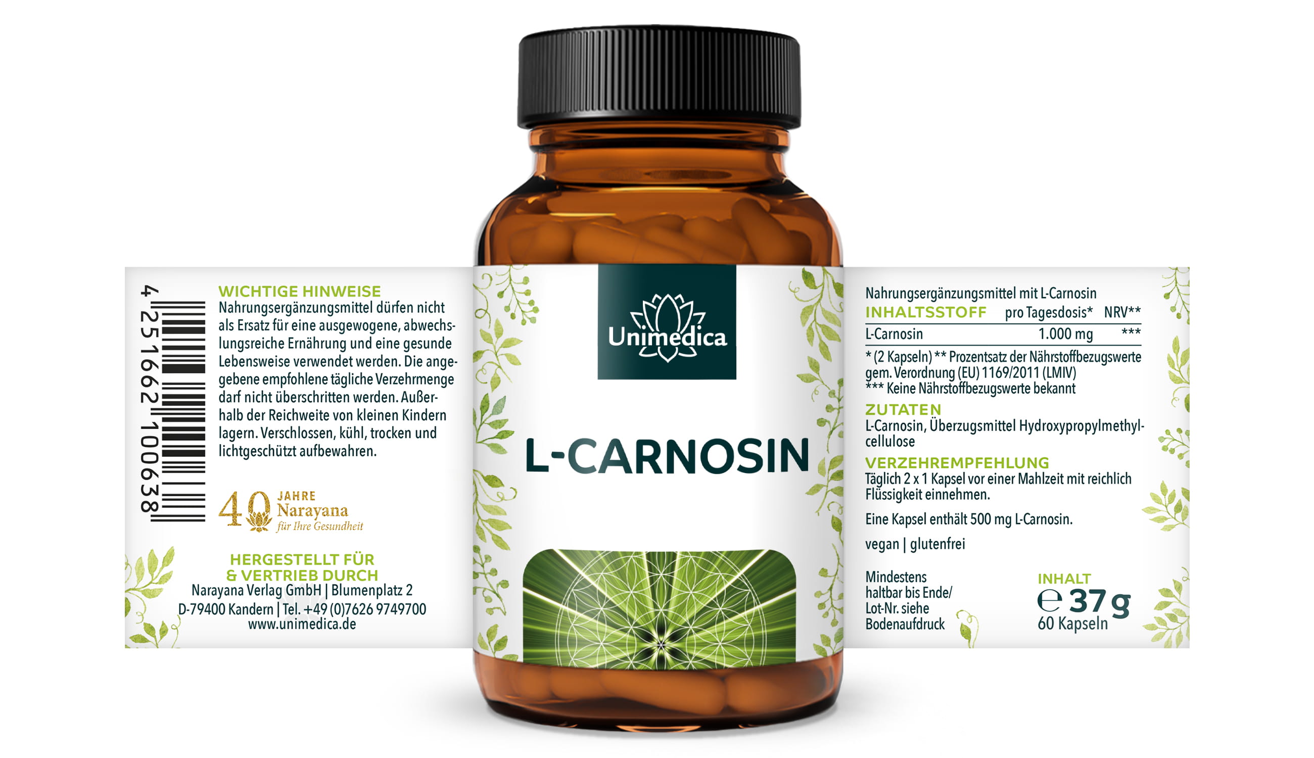 L-Carnosin - 1000 mg pro Tagesdosis (2 Kapseln) - hochdosiert - 60 Kapseln - von Unimedica
