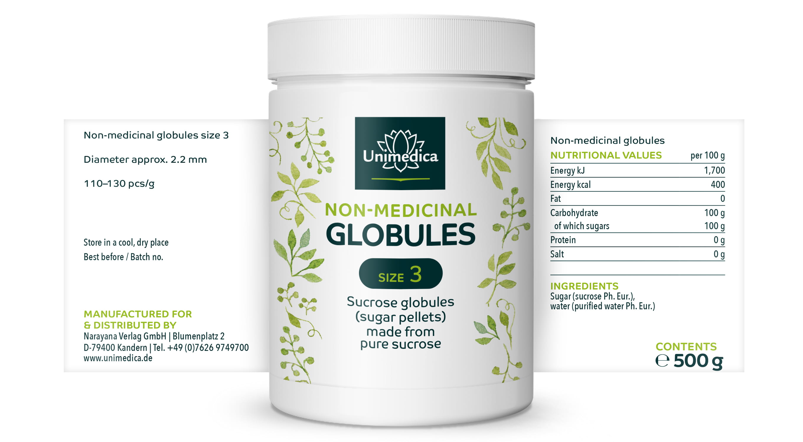 Unarzneiliche Globuli Nr.3 - Globuli Sacchari (Zuckerkügelchen) aus reiner Saccharose - 500 g - von Unimedica