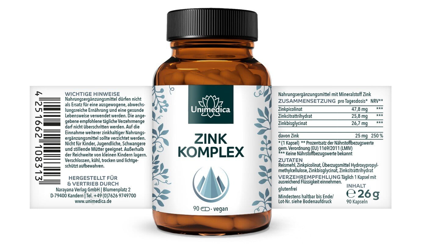 Zink Komplex - 3 Formen - 25 mg Zink pro Tagesdosis (1 Kapsel) - hochdosiert - 90 Kapseln - von Unimedica