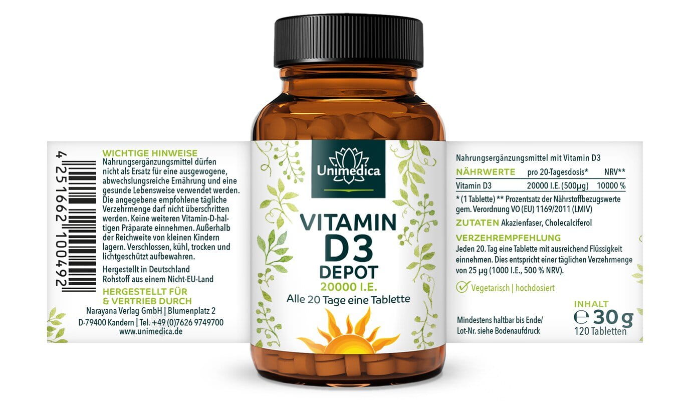 Vitamin D3 Depot 20.000 I.E. (Jeden 20.Tag 1 Tablette) - 120 Tabletten - von Unimedica