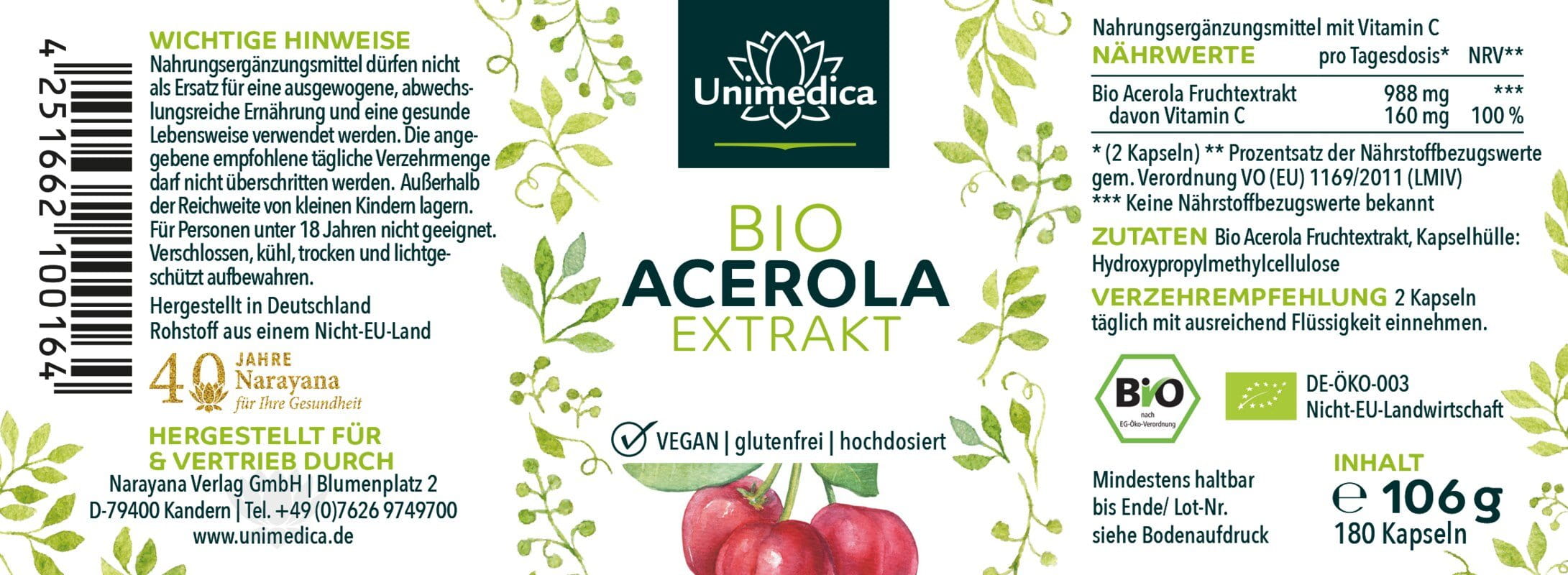 2er-Sparset: Natürliches Vitamin C - Bio Acerola Extrakt - 988 mg pro Tagesdosis (2 Kapseln) - 2 x 180 Kapseln - von Unimedica