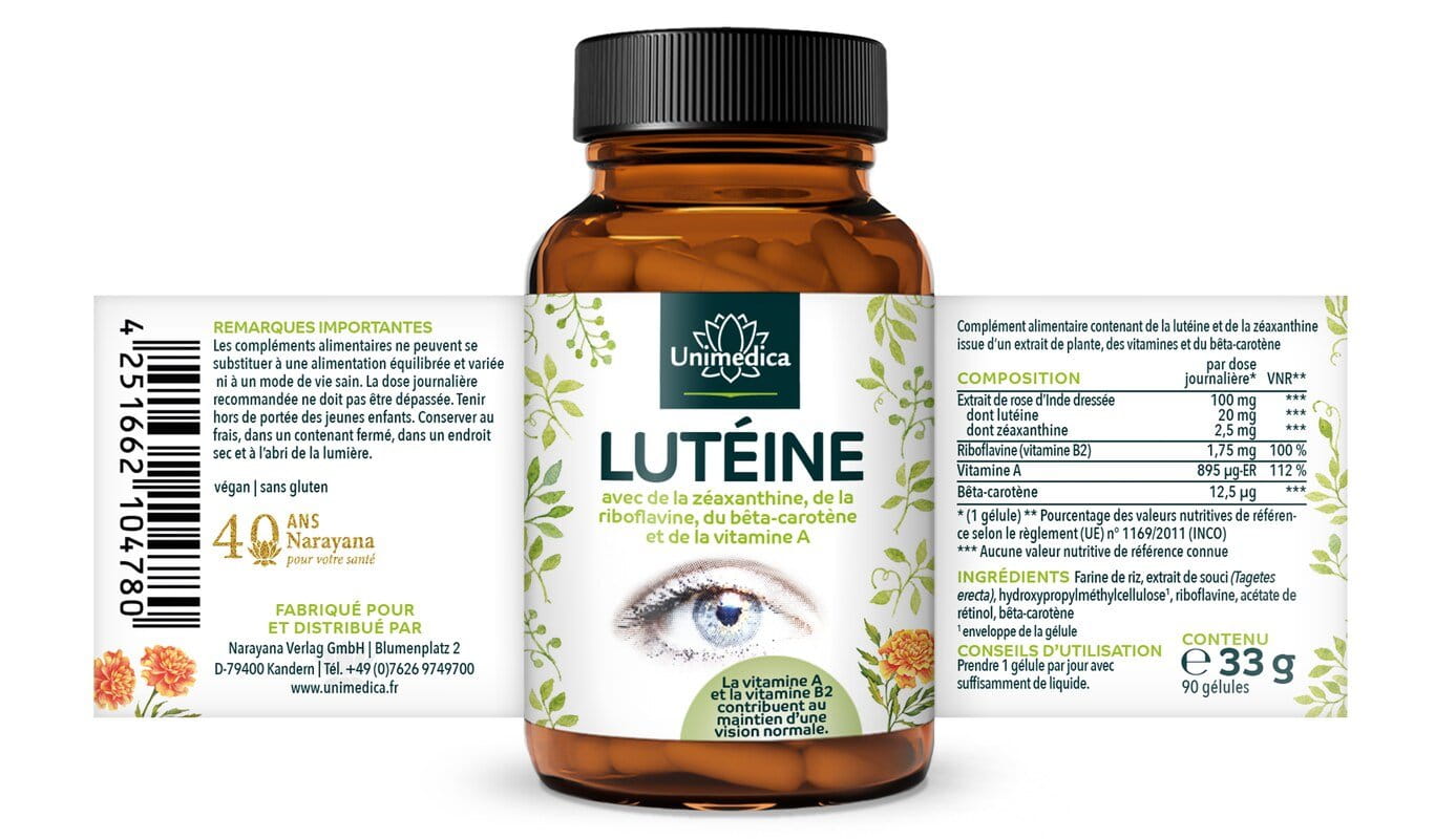 Lutéine - avec zéaxanthine + vitamine B2 + bêta-carotène + vitamine A - 90 gélules - par Unimedica