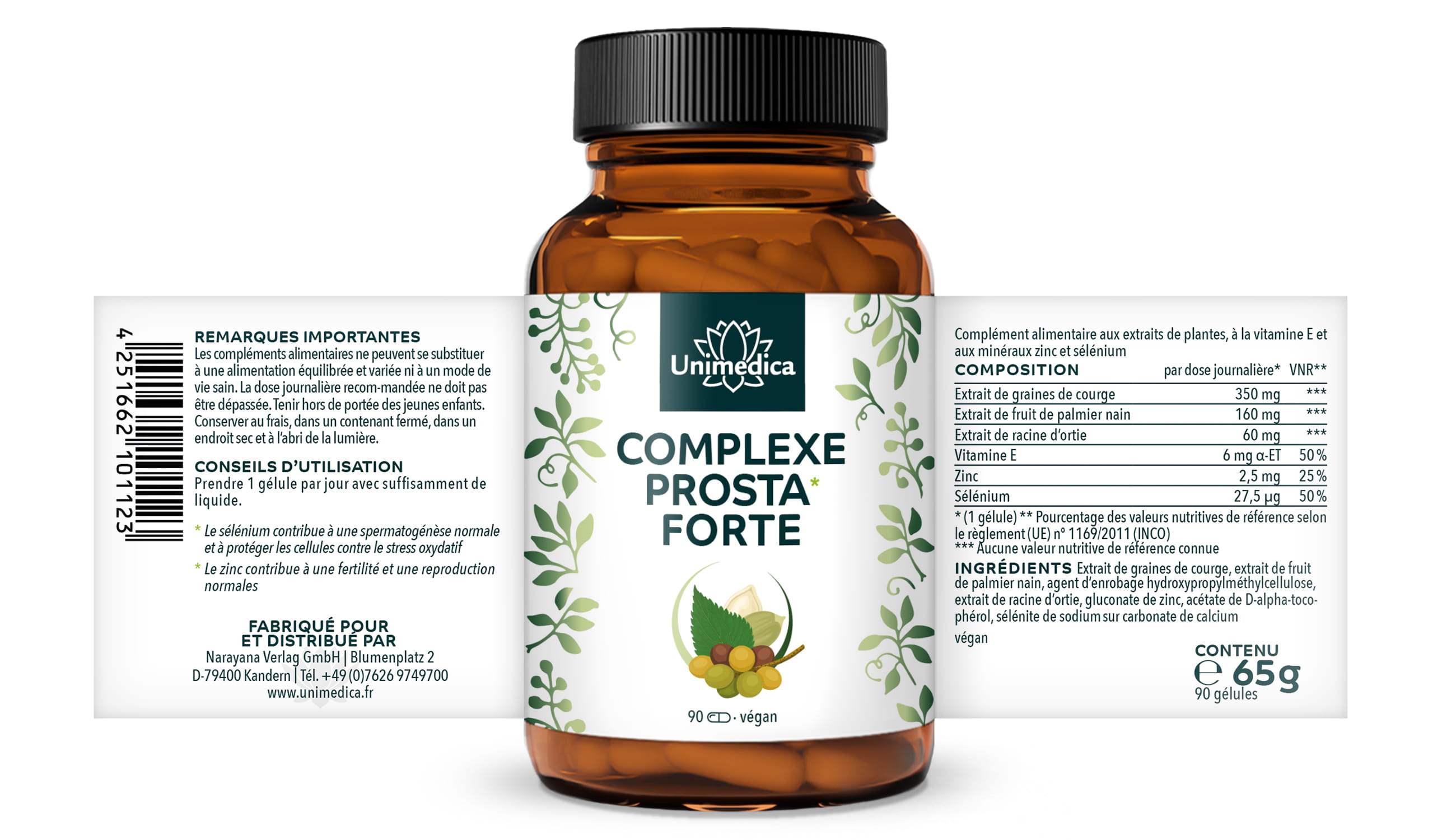 Complexe Prosta* forte  à l'extrait de graines de courge, à l'extrait de palmier nain et à la racine d'ortie - 90 gélules - par Unimedica