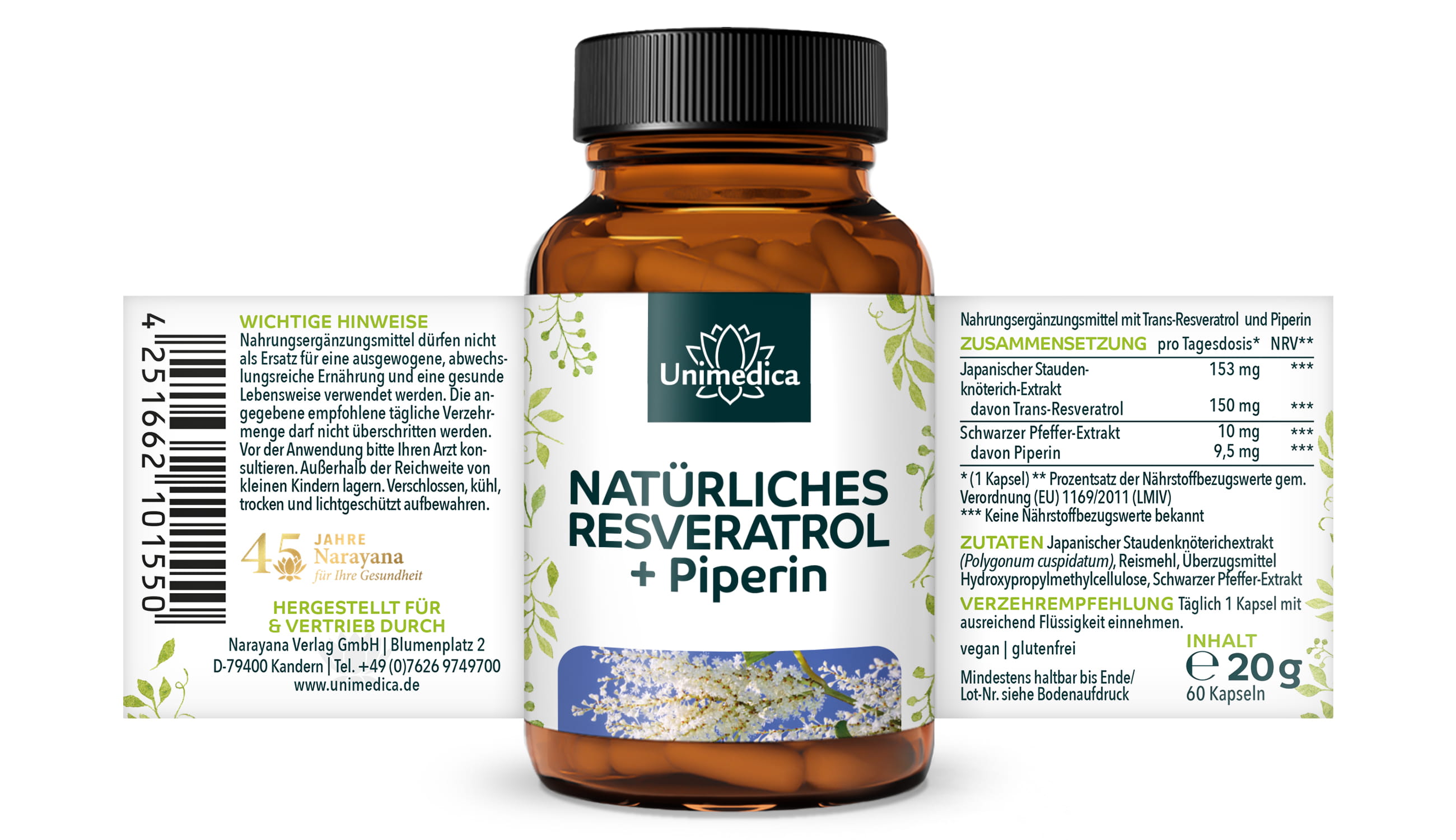 Natürliches Resveratrol + Piperin - 150 mg pro Tagesdosis (1 Kapsel) - mit 98 % Trans-Resveratrol aus Japanischem Staudenknöterich Extrakt - 60 Kapseln - von Unimedica
