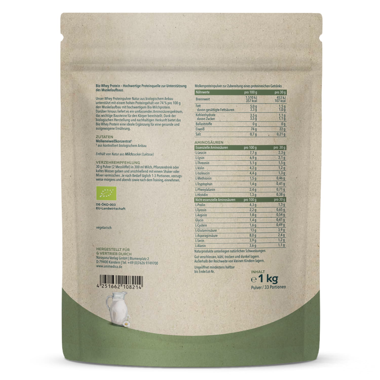 Bio Whey Protein - Natur - 76 % Protein - 1 kg - von Unimedica