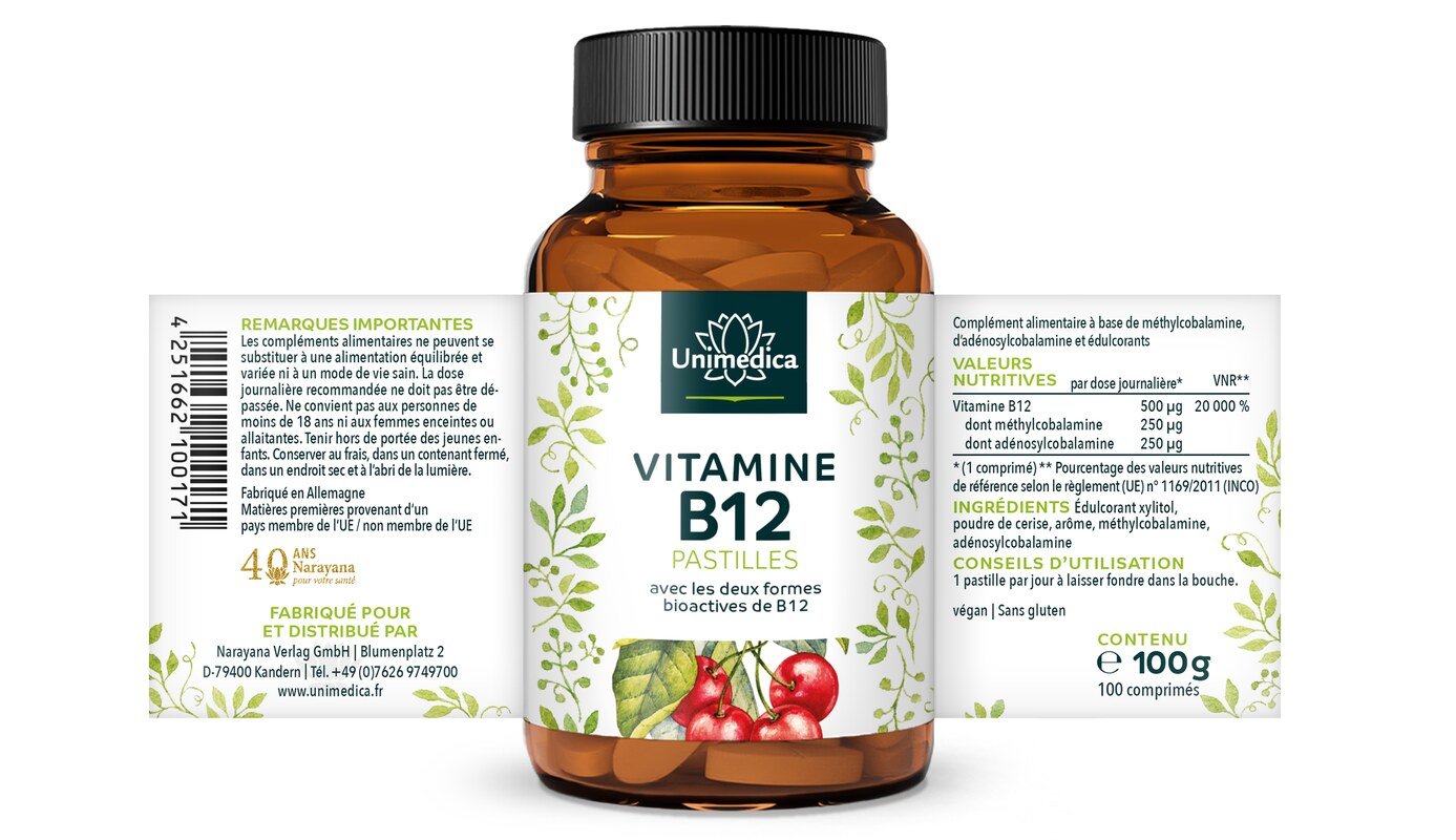 Lot de 2: Pastilles de vitamine B12 - 2 x 100 comprimés à sucer - Unimedica