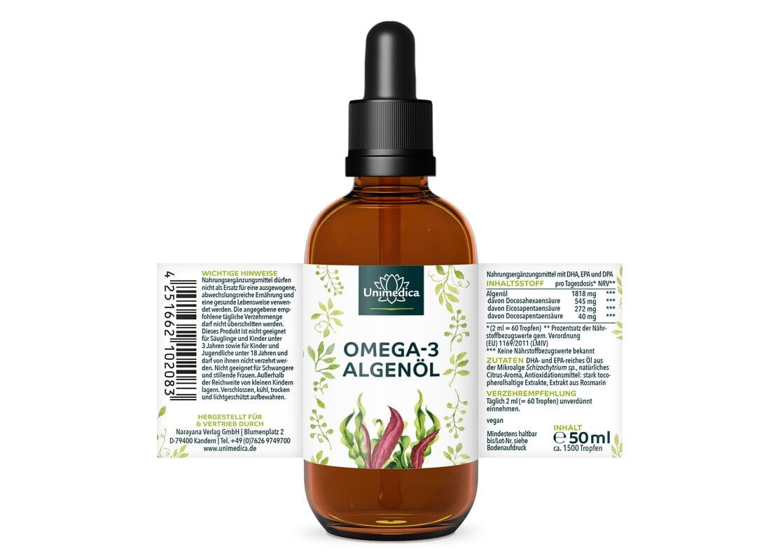 2er-Sparset: Vegane Omega 3 Algenöl Tropfen mit DHA, EPA und DPA - 2 x 50 ml - von Unimedica