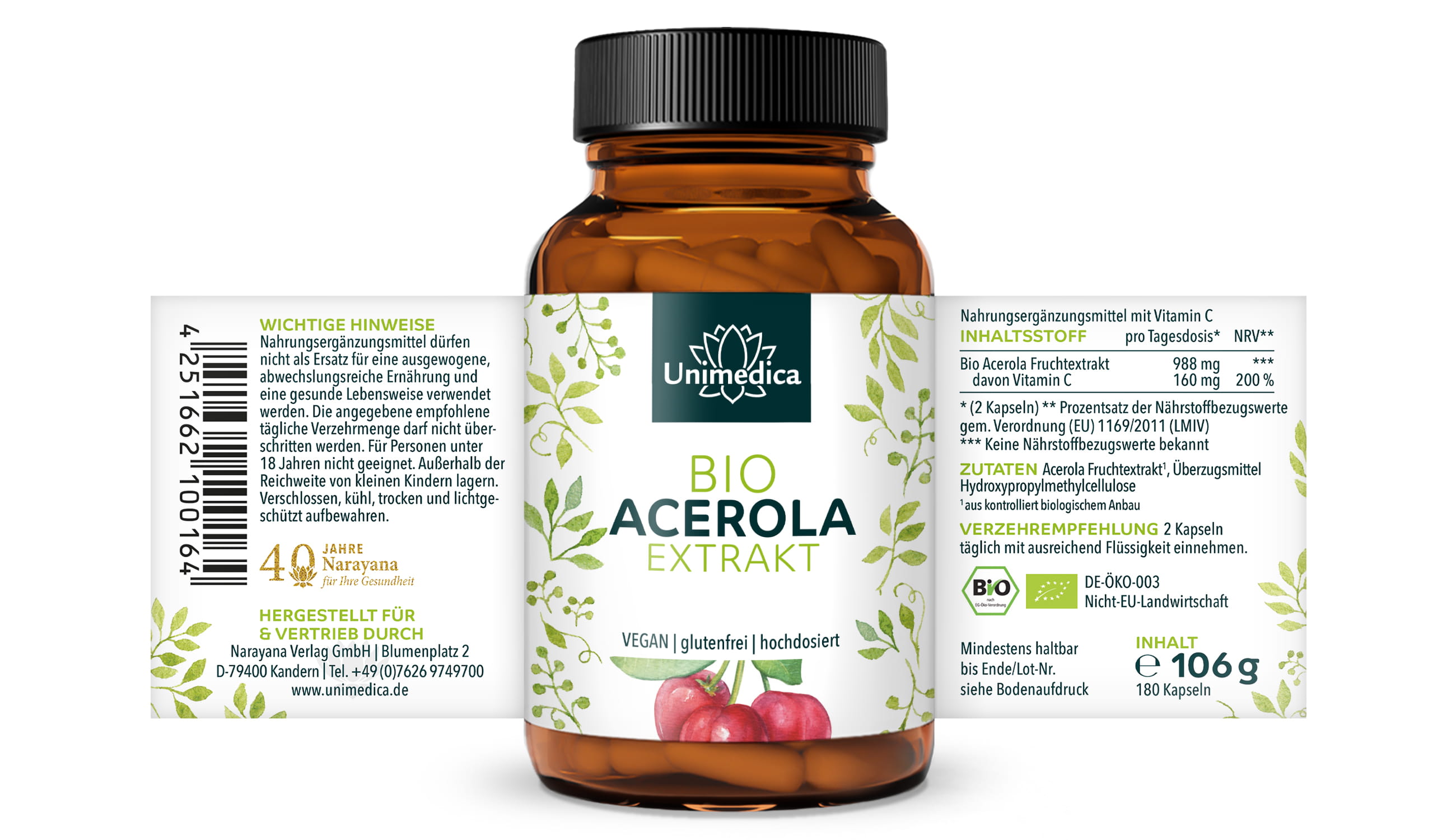 Natürliches Vitamin C - Bio Acerola Extrakt - davon 160 mg Vitamin C - 180 Kapseln - von Unimedica