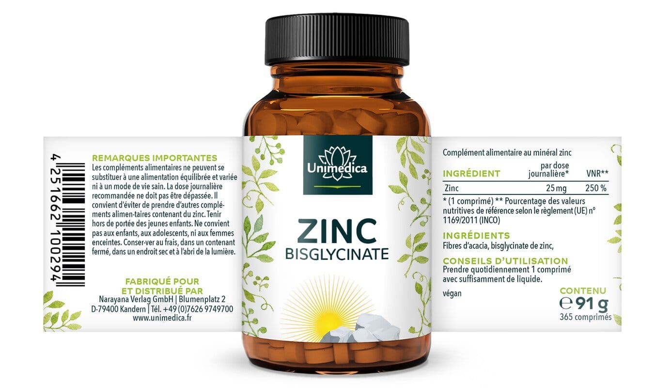Zinc Bisglycinate - 25 mg par dose journalière - fortement dosé - 365 comprimés - de Unimedica