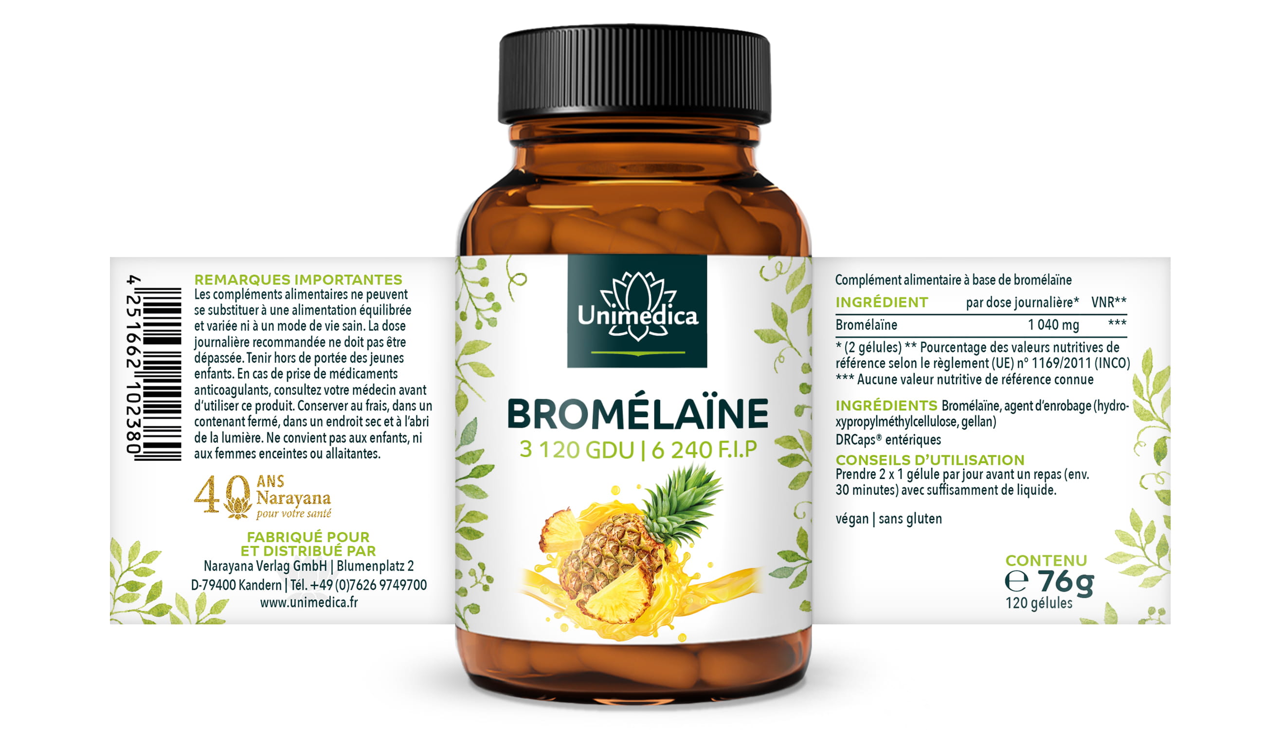 Bromelaïne - 1040 mg et 3.120 UDG | 6.240 F.I.P. par dose journalière (2 gélules)  avec DR Caps entériques - 120 gélules - par Unimedica