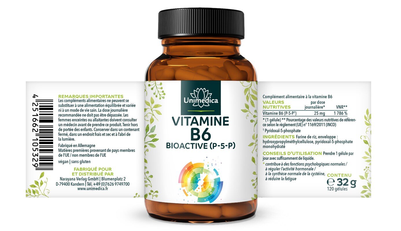 Vitamine B6 BIOACTIVE - pyridoxal-5-phosphate (P-5-P) - 25 mg par dose journalière (1 gélule)  hautement dosée - 120 gélules - par Unimedica
