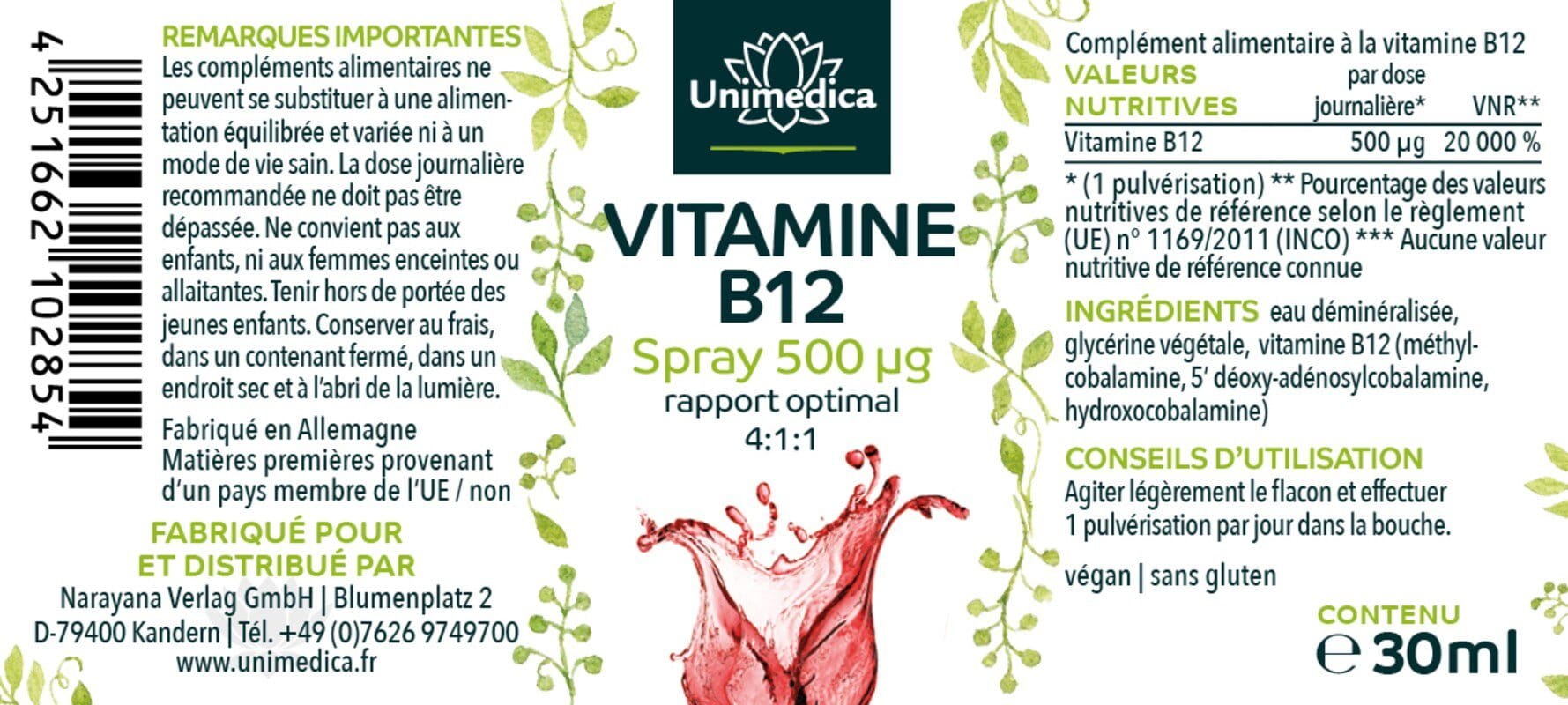 Vitamine B12  spray buccal 500 µg - 30 ml - par Unimedica