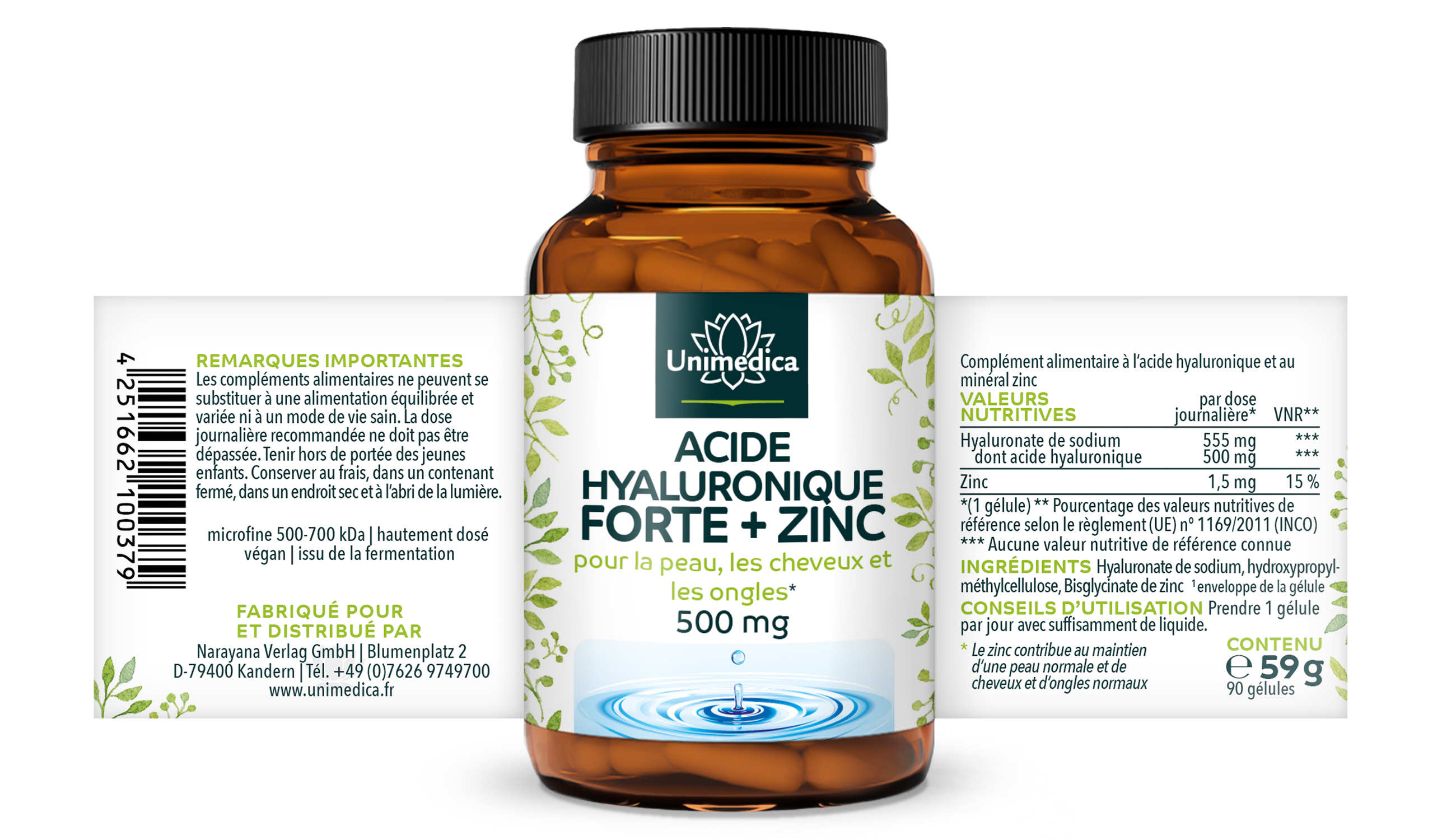 Lot de 2: Acide hyaluronique forte  avec zinc pour la peau, les cheveux et les ongles* - 500 mg d'acide hyaluronique par dose journalière (1 gélule)  hautement dosé - 2 x 90 gélules - par Unimedica