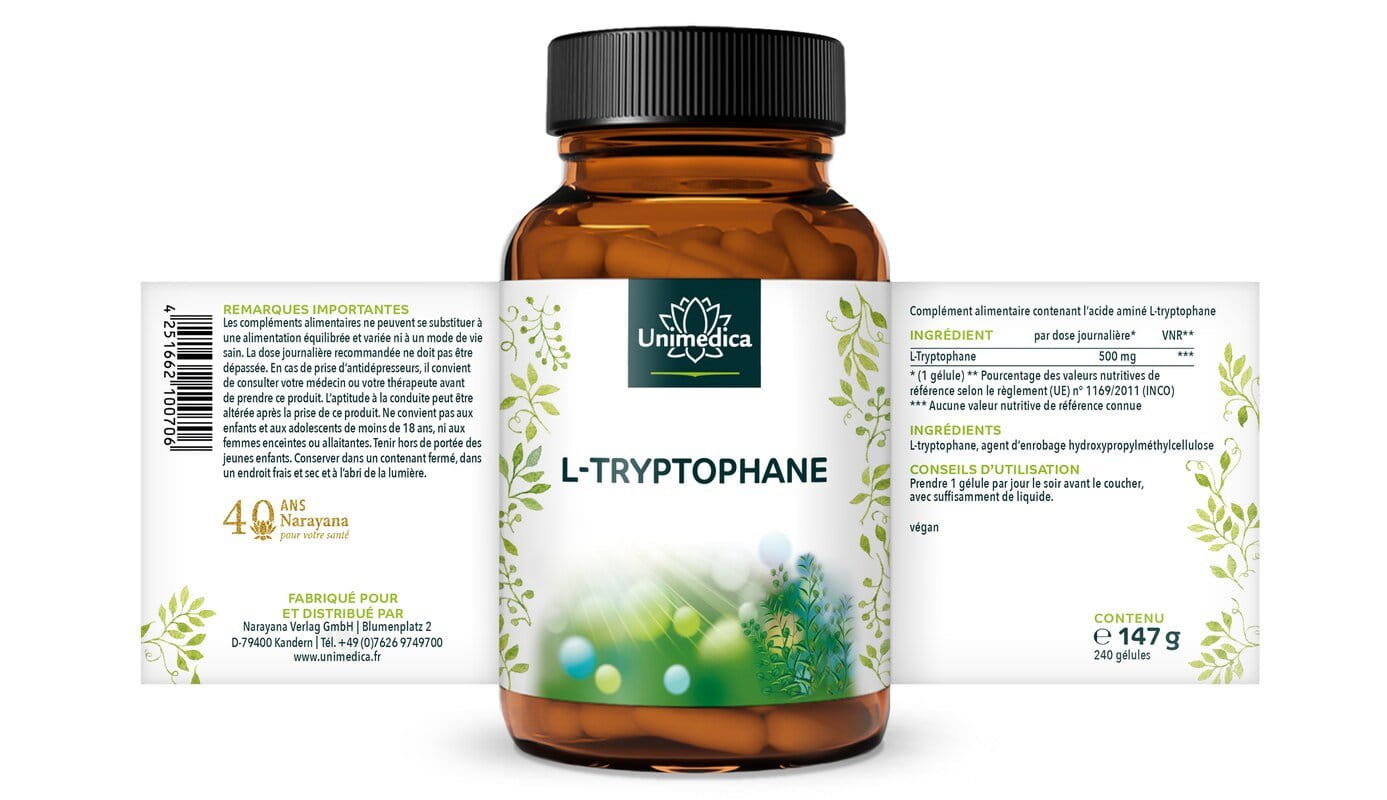 L-Tryptophane - 500 mg par dose journalière - 240 gélules - par Unimedica