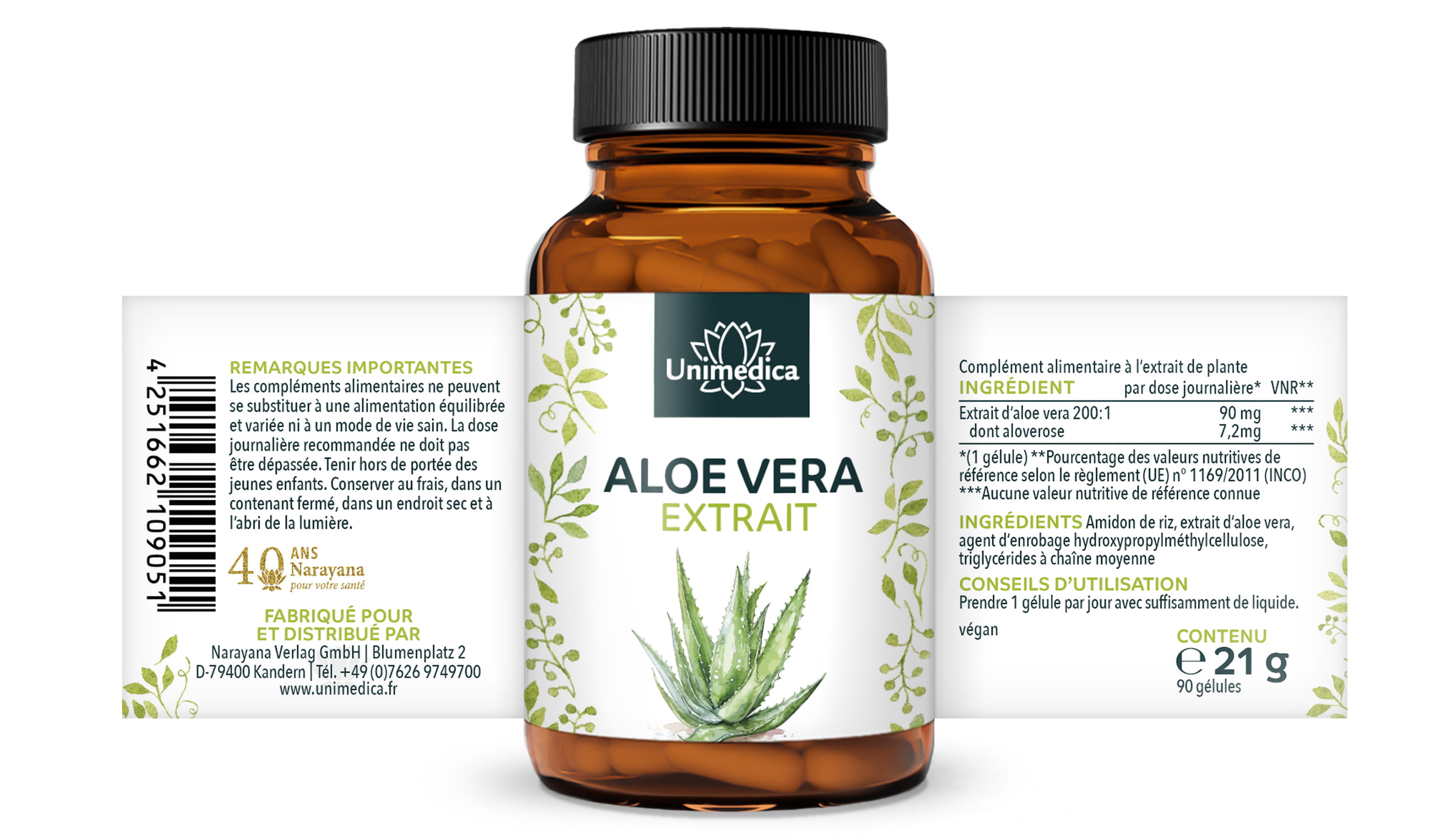 Aloe Vera Extrakt Kapseln - 90 Kapseln - von Unimedica