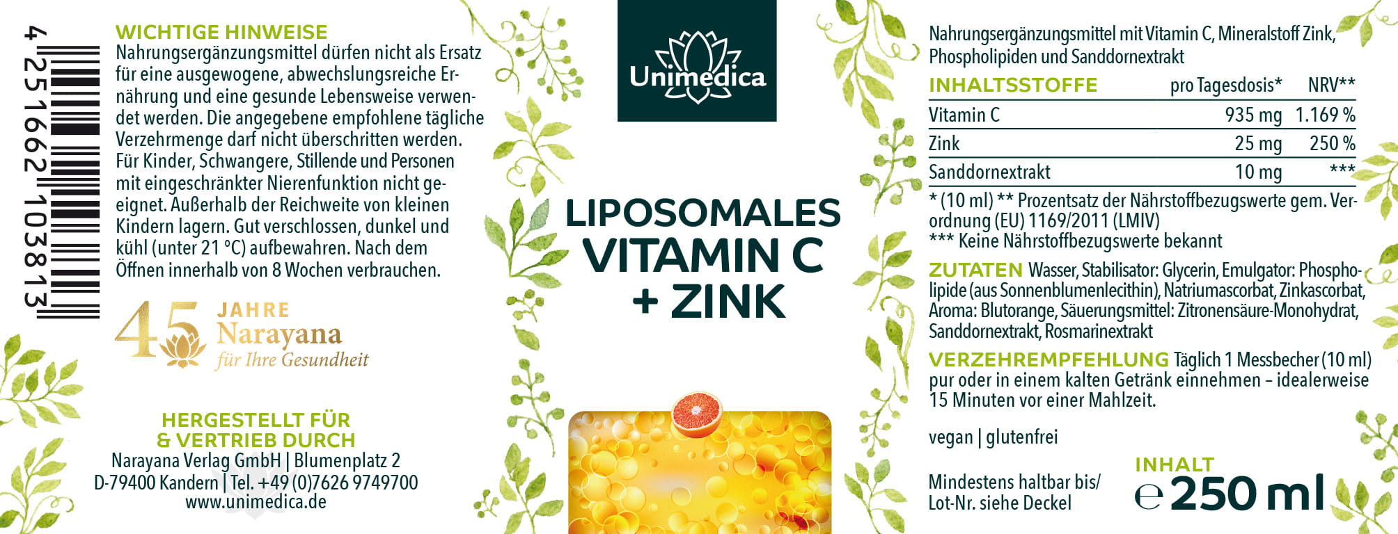 2er-Sparset: Liposomales Vitamin C + Zink - 935 mg Vitamin C und 25 mg Zink pro Tagesdosis (10 ml) - 2 x 250 ml - von Unimedica