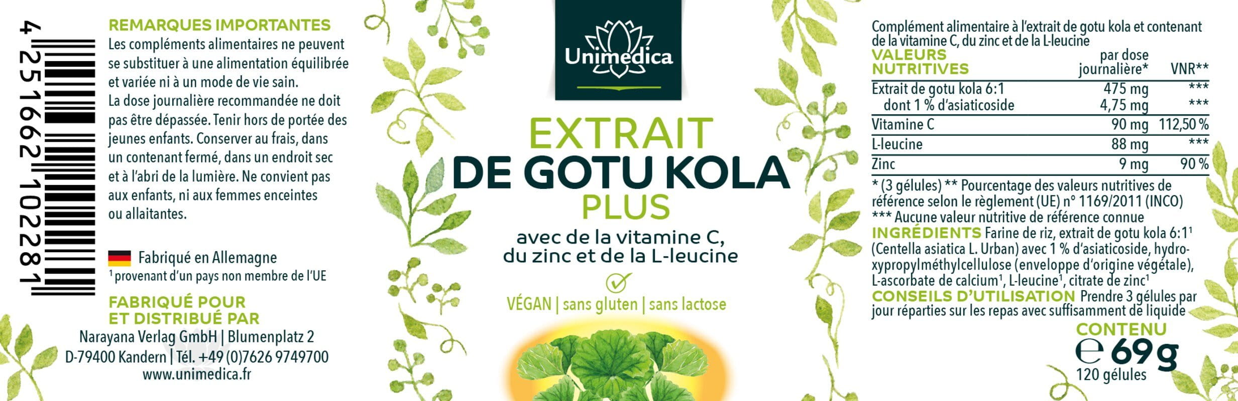 Lot de 2: Extrait de gotu kola 6:1 Plus  avec de la vitamine C, du zinc et de la L-leucine - 2 x 120 gélules - par Unimedica