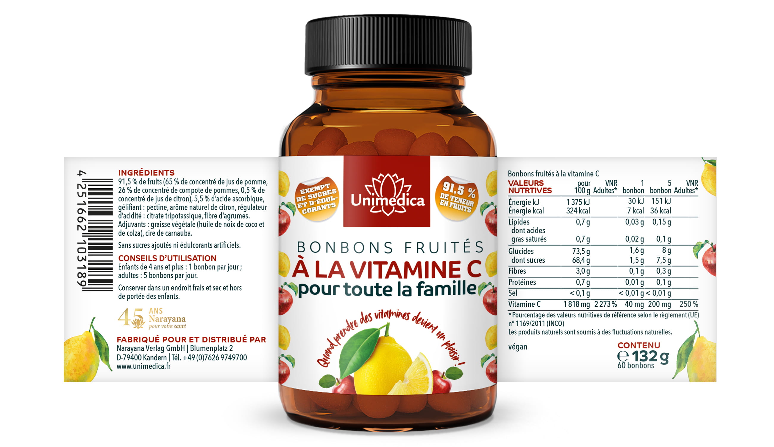 Vitamin C Fruchtgummis für die ganze Familie - mit 91,5 % Fruchtanteil - 60 Gummis - von Unimedica