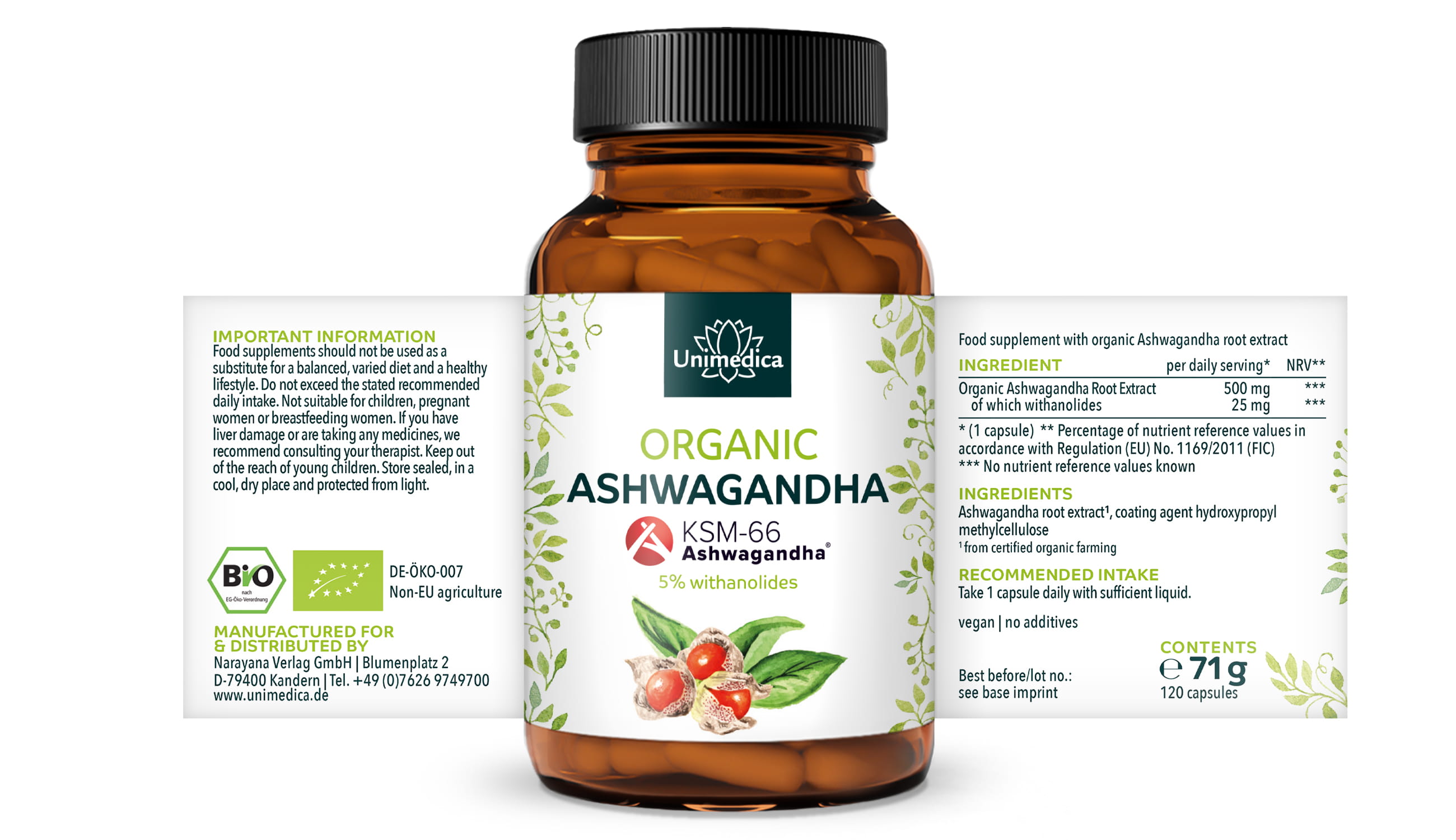 Organic Ashwagandha KSM-66 - 500 mg daily dose, high dose - 5 % withanolides - 120 capsules - from Unimedica