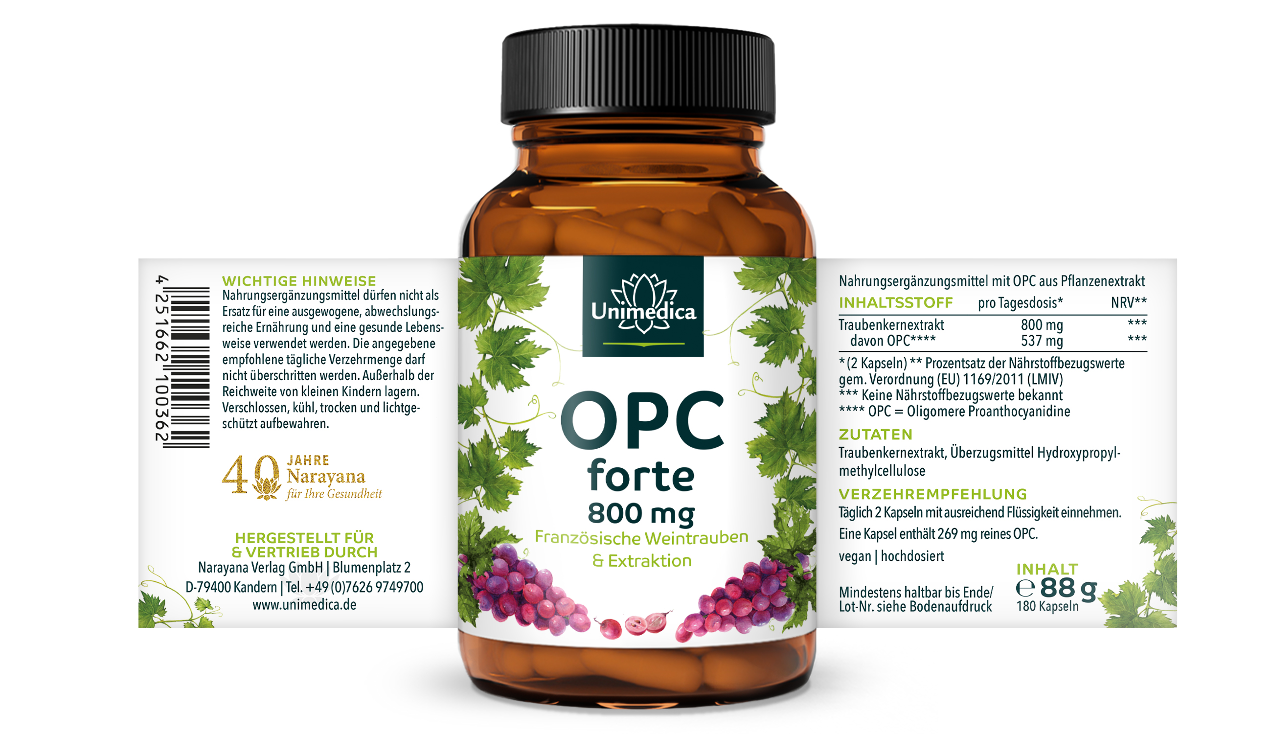 OPC forte - 800 mg Traubenkernextrakt pro Tagesdosis (2 Kapseln) - 180 Kapseln - aus Wasserextraktion - von Unimedica