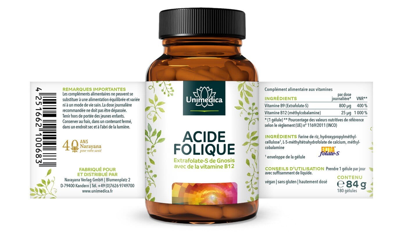 Acide folique avec Extrafolate-S de Gnosis et vitamine B12 - 800 µg d'acide folique et 25 µg de vitamine B12  - 180 gélules - par Unimedica