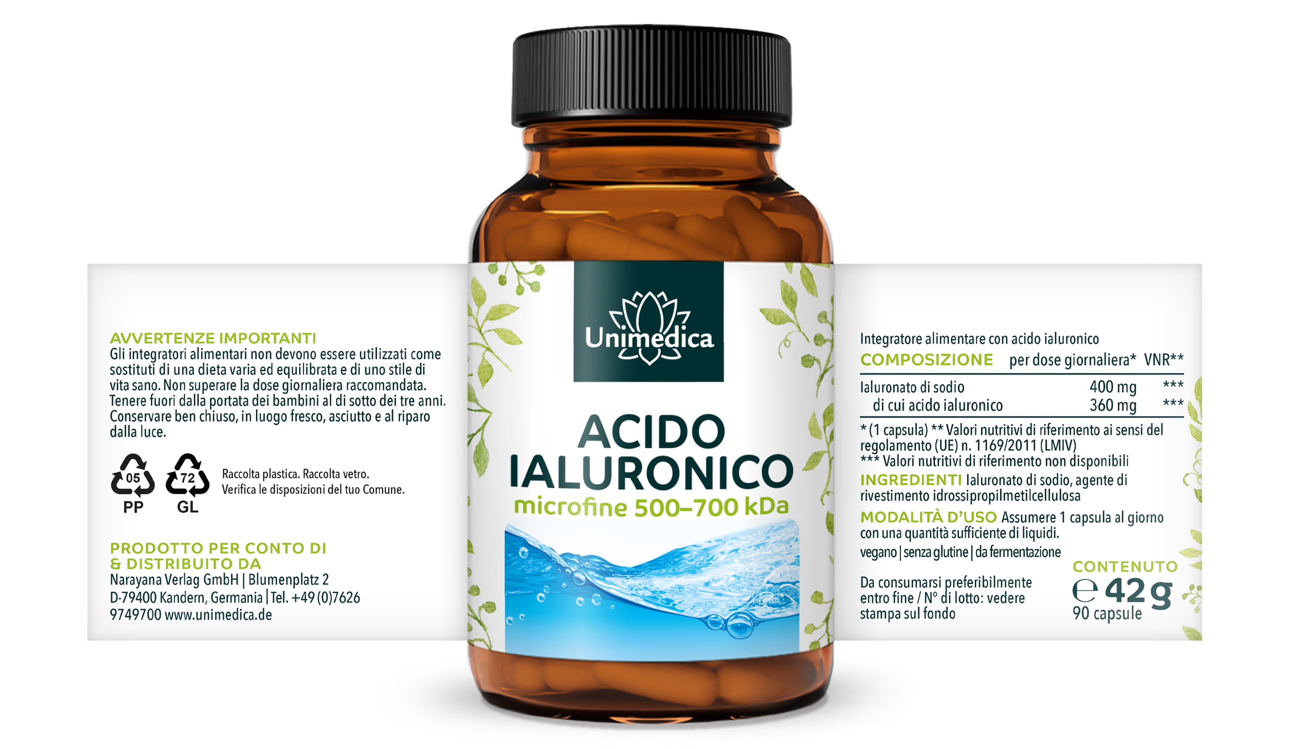 Acido ialuronico - 360 mg per dose giornaliera (1 capsula) - microfine 500-700 kDa - ad alto dosaggio - 90 capsule - di Unimedica