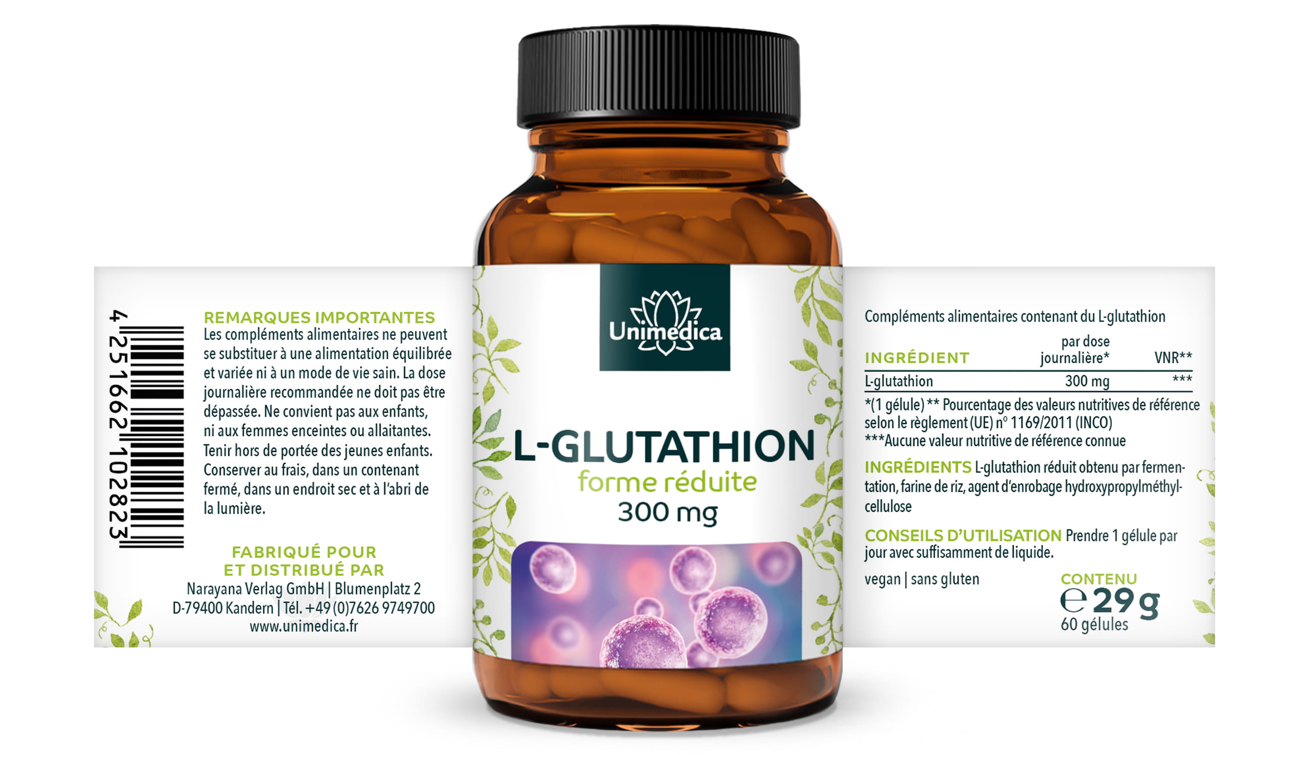 L-glutathion réduit - 300 mg, dose élevée, de fermentation naturelle, 60 gélules - d'Unimedica