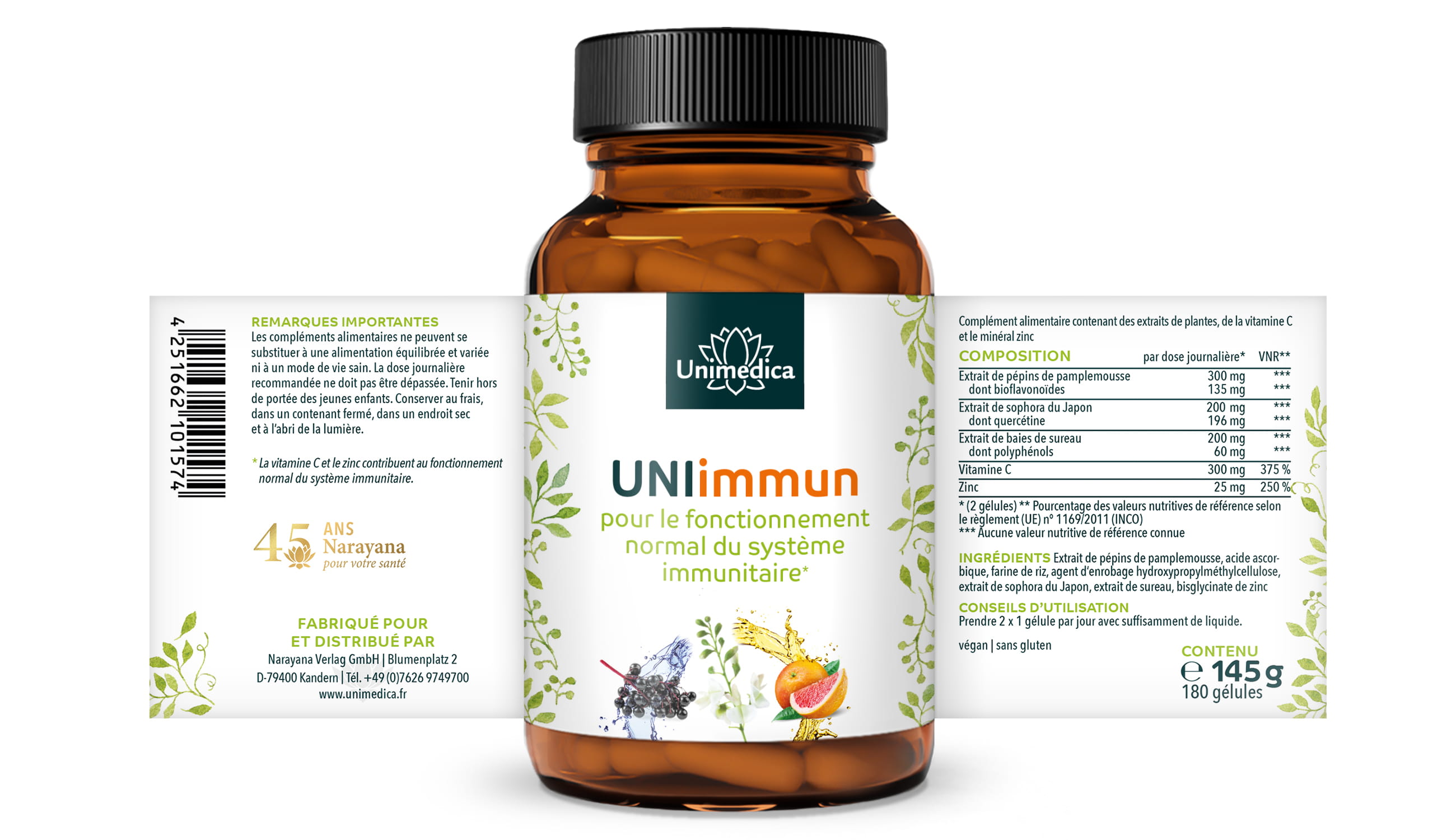UNIimmun - zur Unterstützung des Immunsystems* - Komplex mit Quercetin, Vitamin C und Zink - 180 Kapseln - von Unimedica