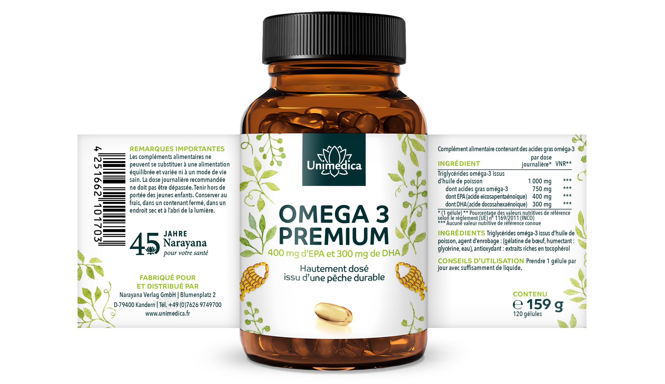 Oméga 3 - Huile de poisson premium avec 400 mg d'EPA et 300 mg de DHA - hautement dosée - issue de la pêche durable - 1.000 mg par dose journalière (1 gélule) - 120 gélules softgel - de Unimedica