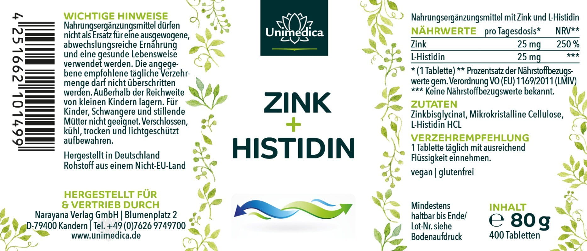Zink+Histidin - 400 Tabletten je 25 mg pro Tagesdosis - von Unimedica