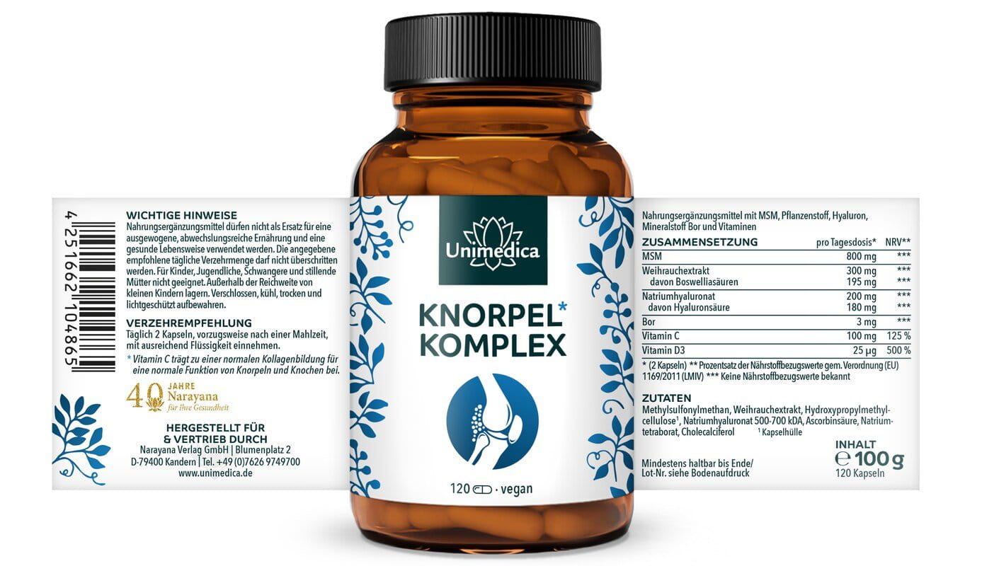 Knorpel* Komplex - mit MSM + Weihrauch + Hyaluron + Bor + Vitaminen - 120 Kapseln - von Unimedica