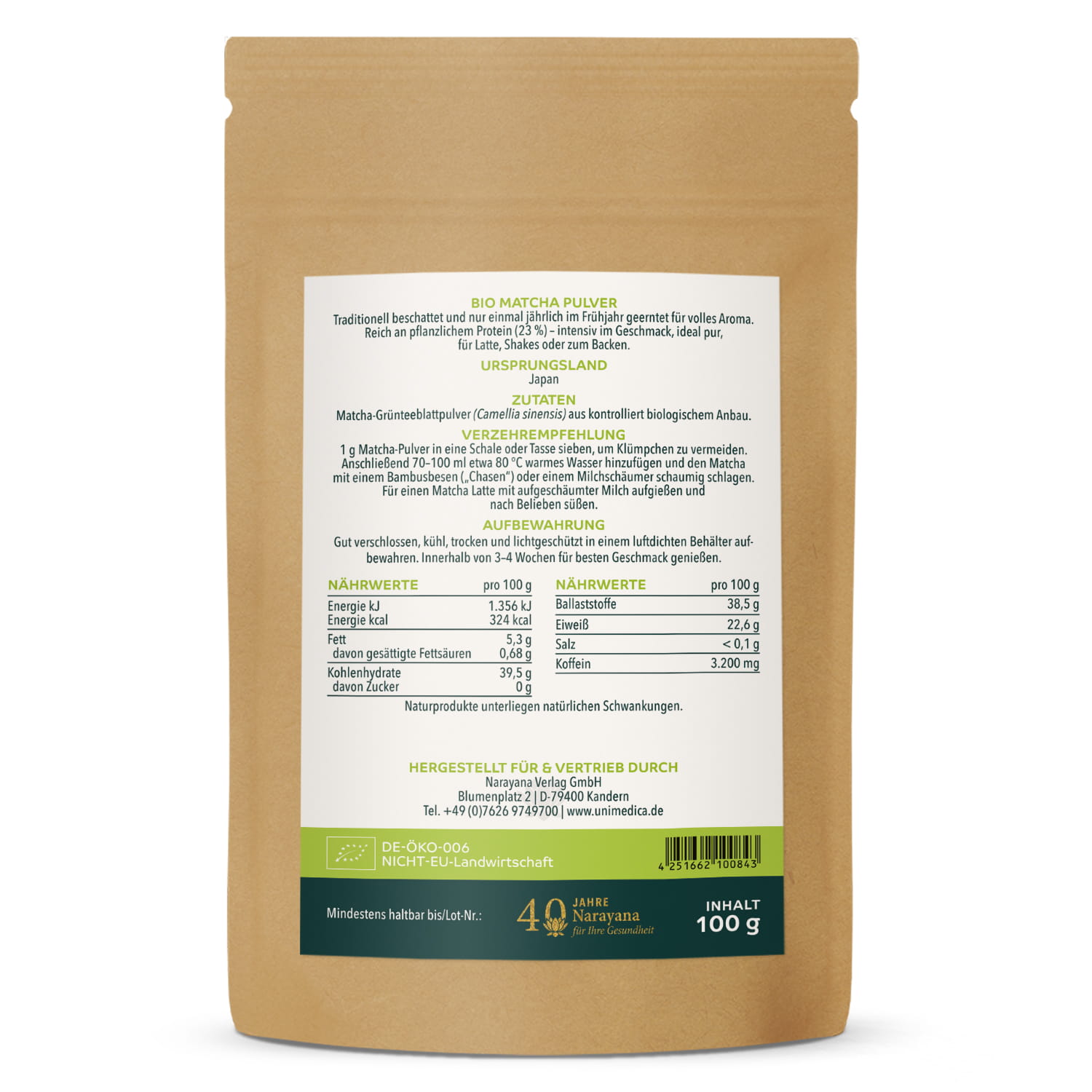 Bio Matcha Pulver - japanischer Grüntee für Latte, Shakes & zum Backen - 100 g - von Unimedica