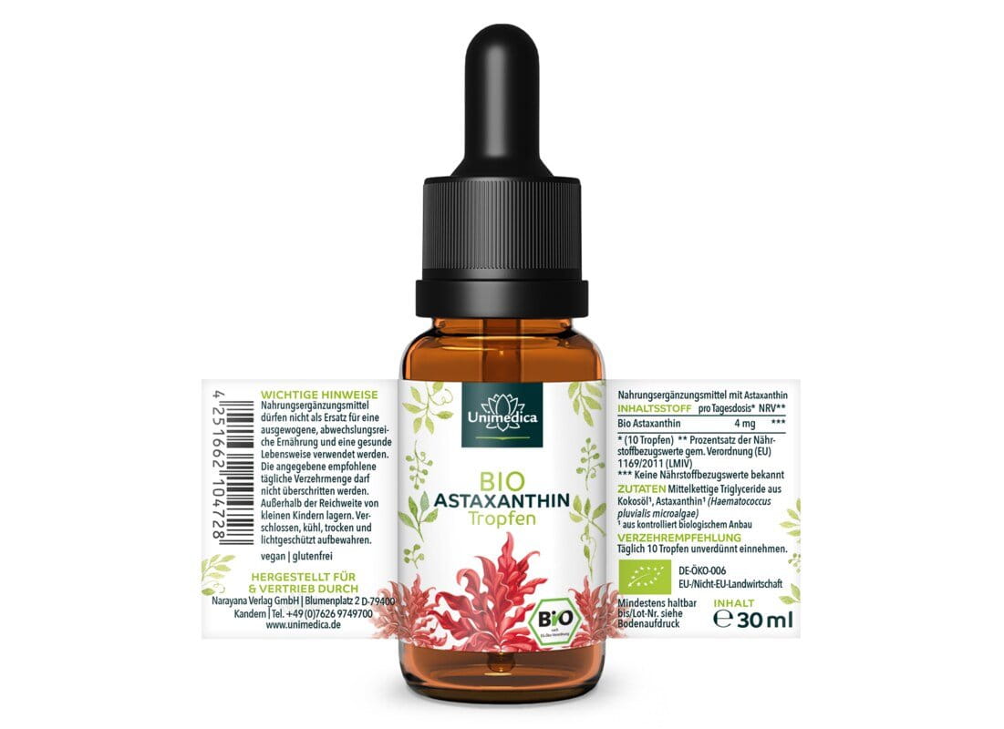 Bio Astaxanthin Tropfen - 4 mg pro Tagesdosis (10 Tropfen) - 30 ml - von Unimedica