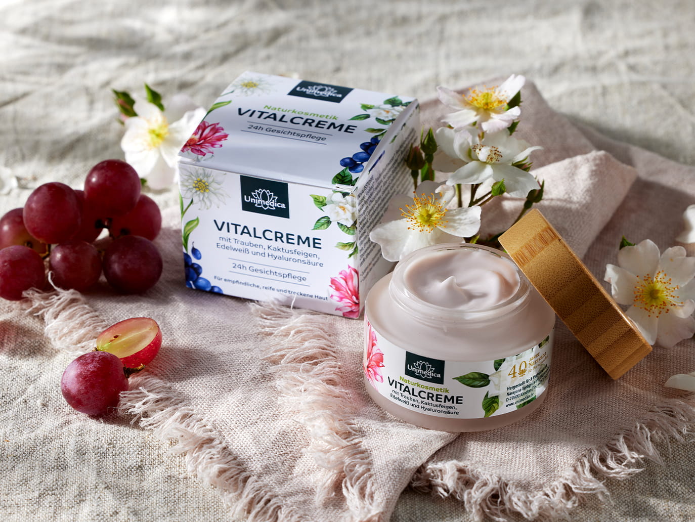 Crème Vitalité aux Raisins, Figue de Barbarie, Edelweiss et Acide Hyaluronique – Crème Visage 24 h – 50 ml – par Unimedica