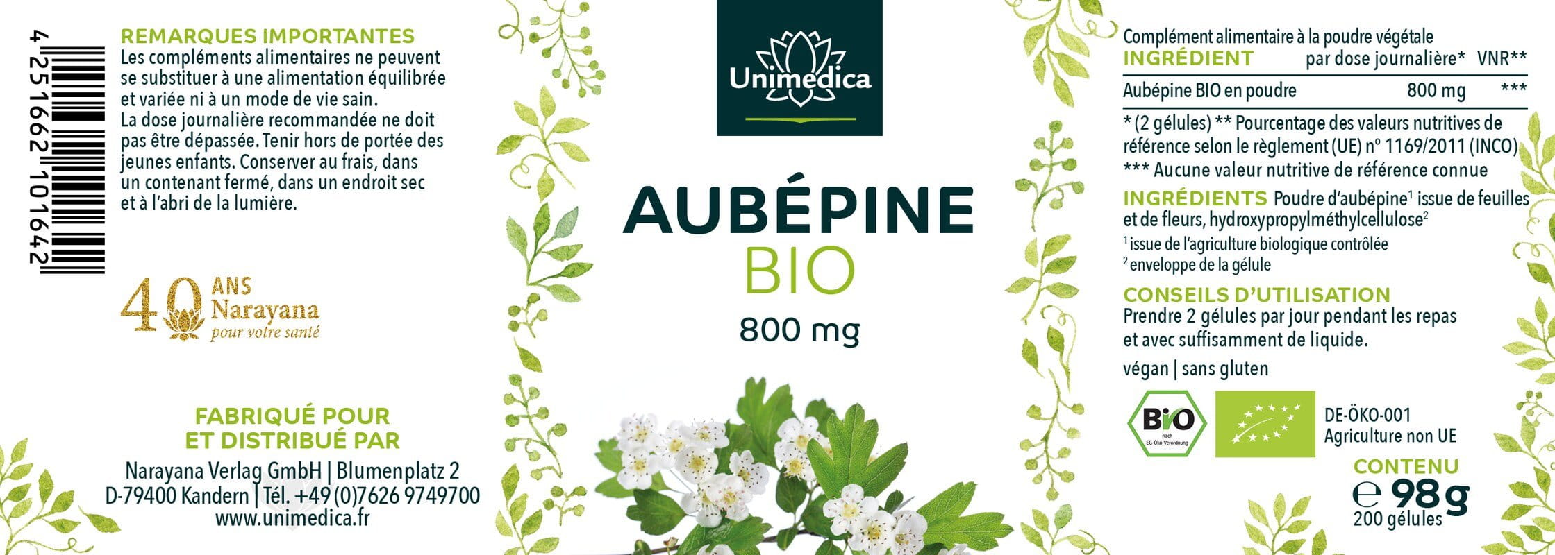 Aubépine BIO - 800 mg - 200 gélules - Unimedica