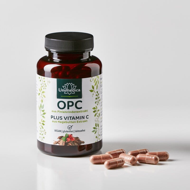 2er-Sparset: OPC Pinienrinden Extrakt + Vitamin C - 500 mg Pinienrinden-Extrakt pro Tagesdosis (1 Kapsel) - davon 475 mg OPC - 2 x 120 Kapseln - von Unimedica
