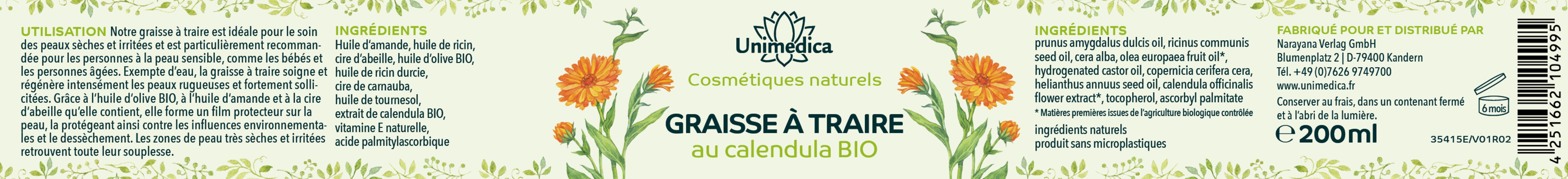 Graisse à traire au calendula BIO  soin naturel pour les peaux fortement sollicitées - 200 ml - par Unimedica