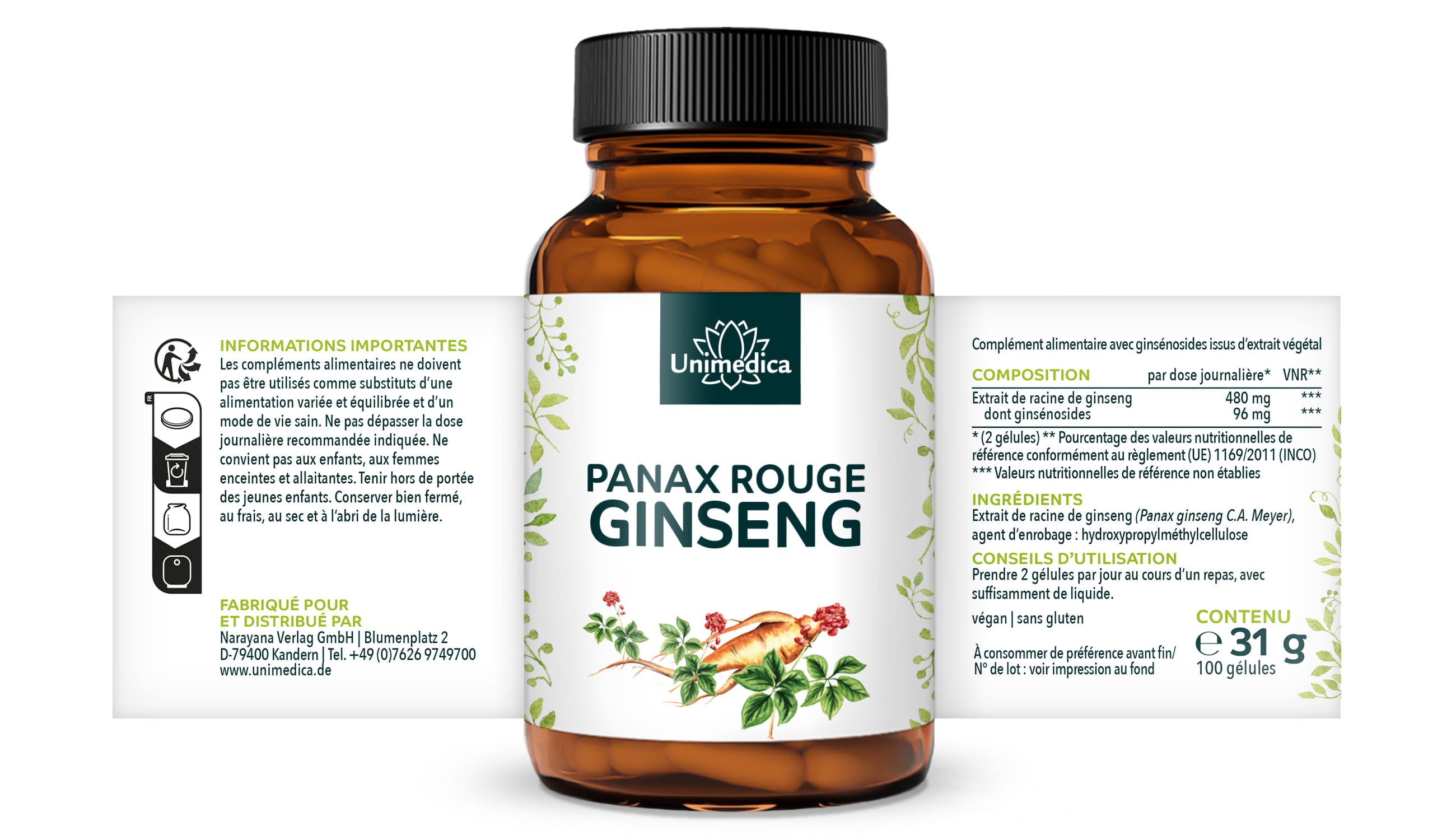Extrait de Panax ginseng rouge Ginseng coréen C. A. Meyer  100 gélules  par Unimedica