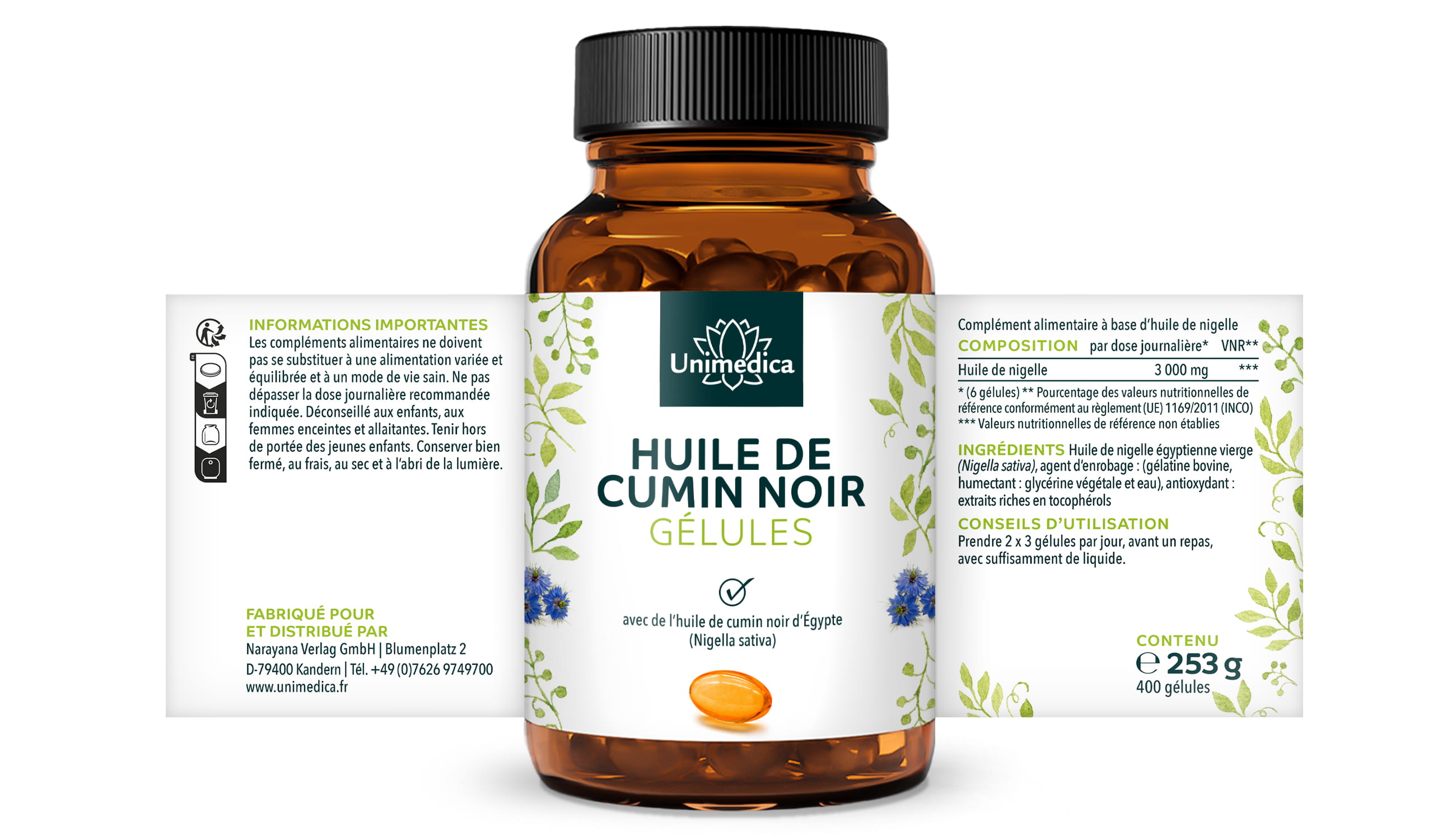 Huile de nigelle (cumin noir) 500 mg - 400 gélules - Unimedica