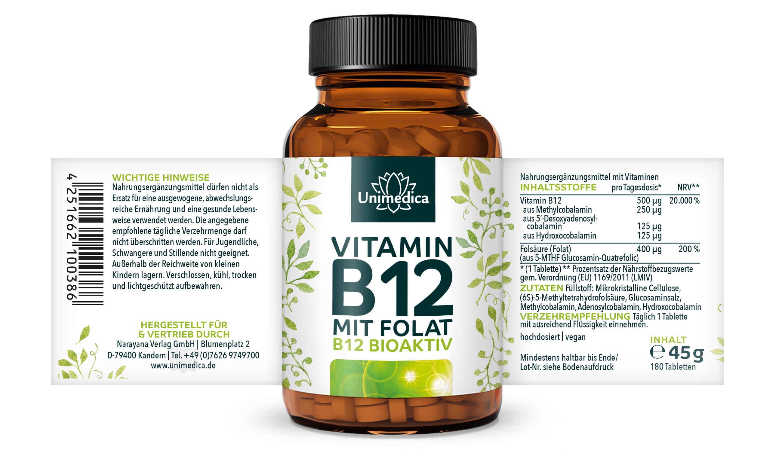 Vitamin B12 with folate - 180 tablets - from Unimedica
