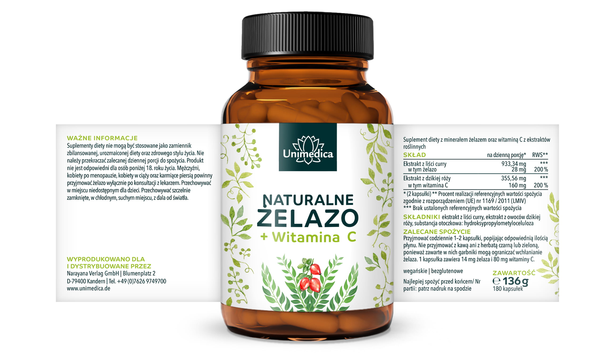 Naturalne żelazo z ekstraktu liści curry + witamina C z ekstraktu owoców dzikiej róży - 28 mg żelaza + 160 mg witaminy C w dziennej dawce (2 kapsułki) - 180 kapsułek - od Unimedica