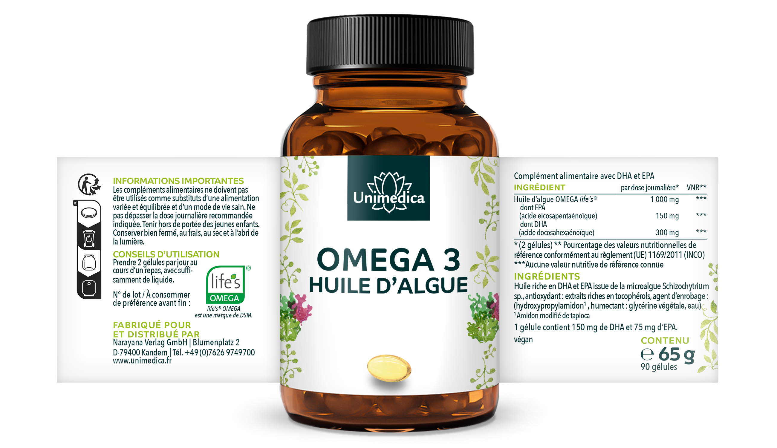 Huile d'algue en gélules - avec 250 mg de DHA - 90 gélules - par Unimedica