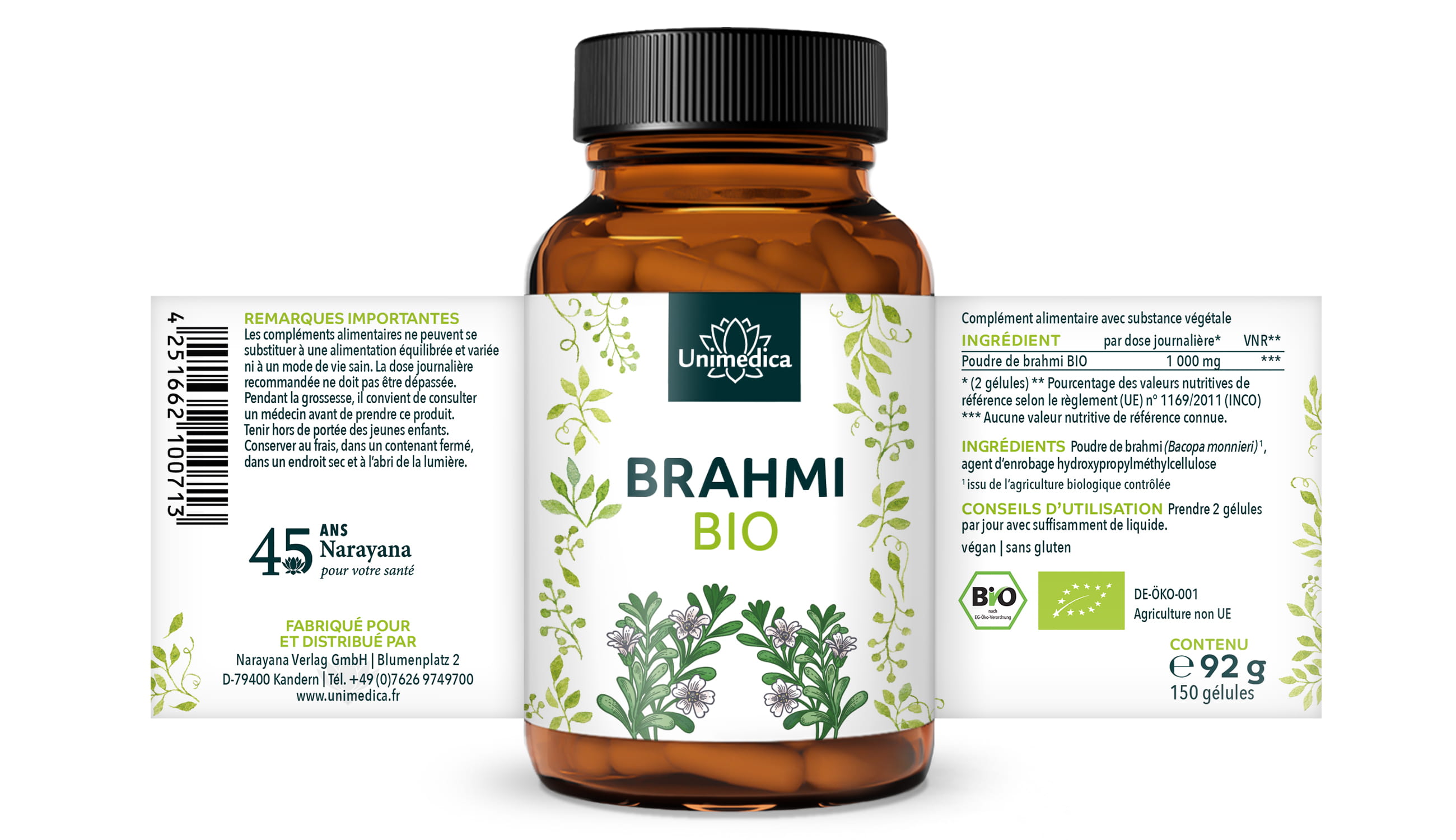 Lot de 2: Brahmi bio - 500 mg - 2 x 150 gélules - par Unimedica