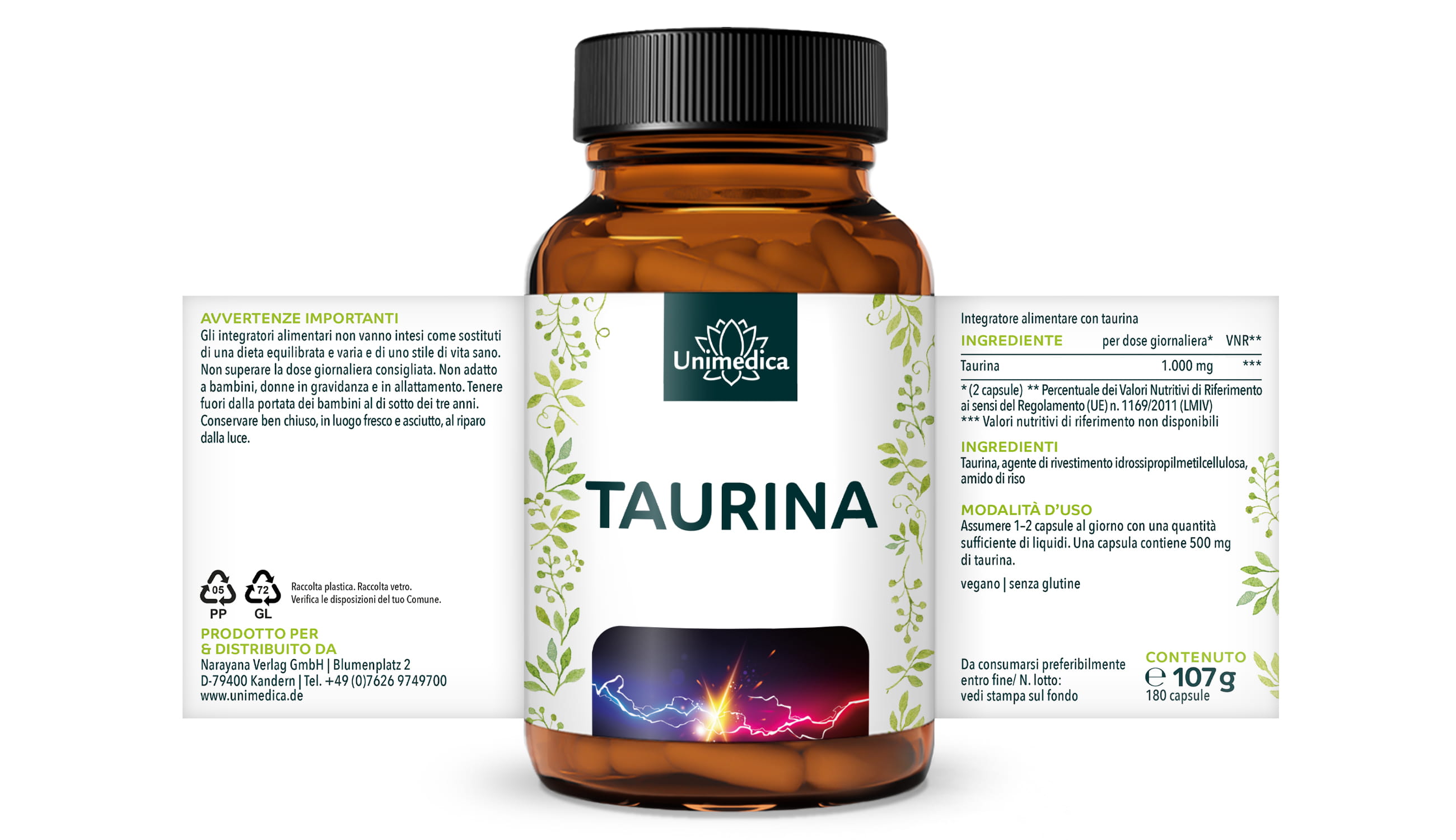 Taurina - 1.000 mg per dose giornaliera (2 capsule) - 180 capsule - Taurina - di Unimedica