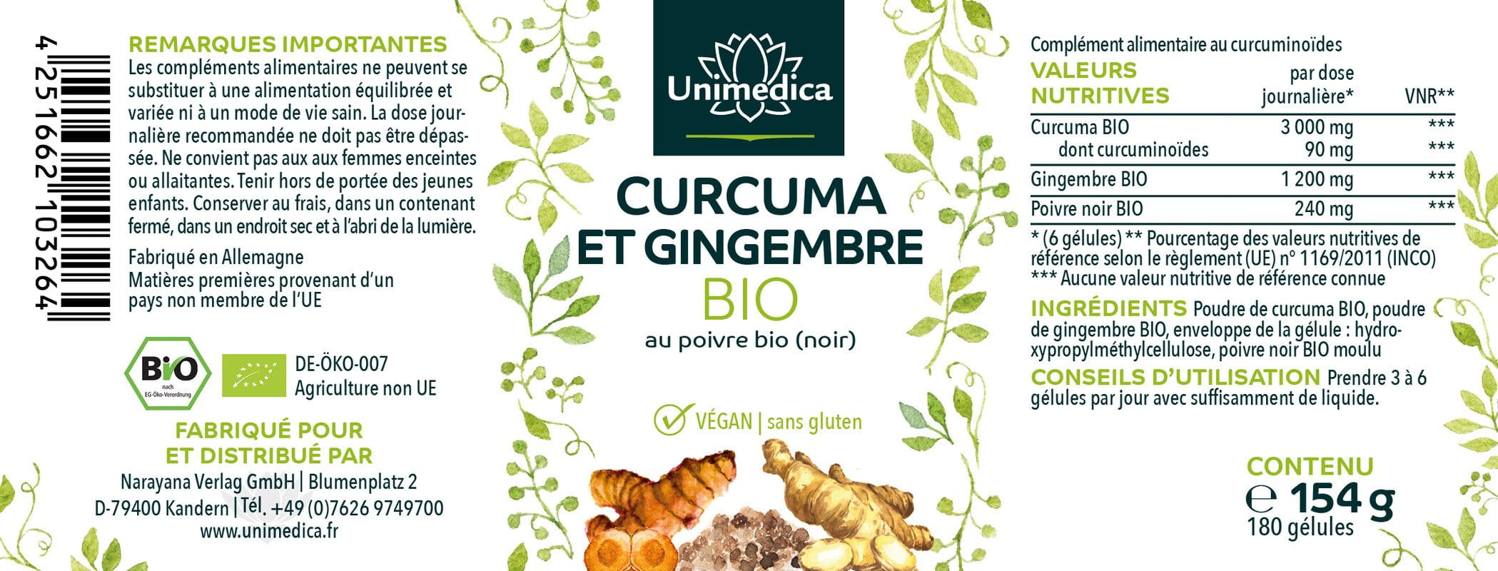 Curcuma et gingembre BIO au poivre (noir) BIO - 180 gélules - par Unimedica